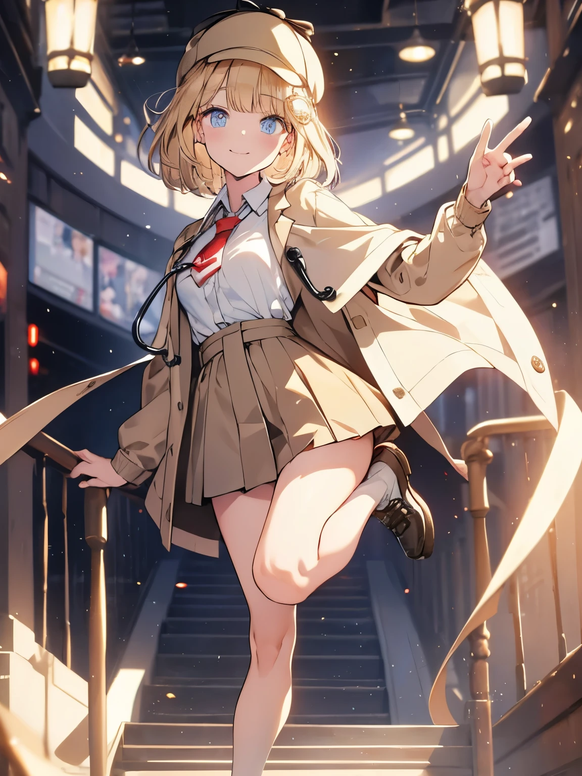 (amelia watson:1.0), blond hair, blue eyes, monocle hair ornament, amelia_detective, collared shirt, white shirt, red necktie, (detective accessories:0) deerstalker, brown capelet, stethoscope, slim thighs, 1 girl, alone, Face-to-face audience, looking at the viewer, smile, dynamic pose,(standing on one leg, leg lift, standing split:1.5),ass focus
