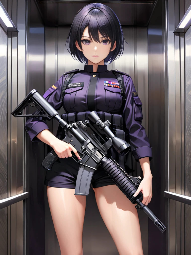 Tomboy mature and smart girls, short black hair, beautiful purple eyes, serious expression, wearing black military cloth, standing in the elevator, bring M4 assault rifle, detailed fingers, perfect finger, perfect hand, perfect eyes, perfect legs, perfect hair, detail hair, perfect anatomy body, detailed cloth, detailed environment, real M4 weapons.