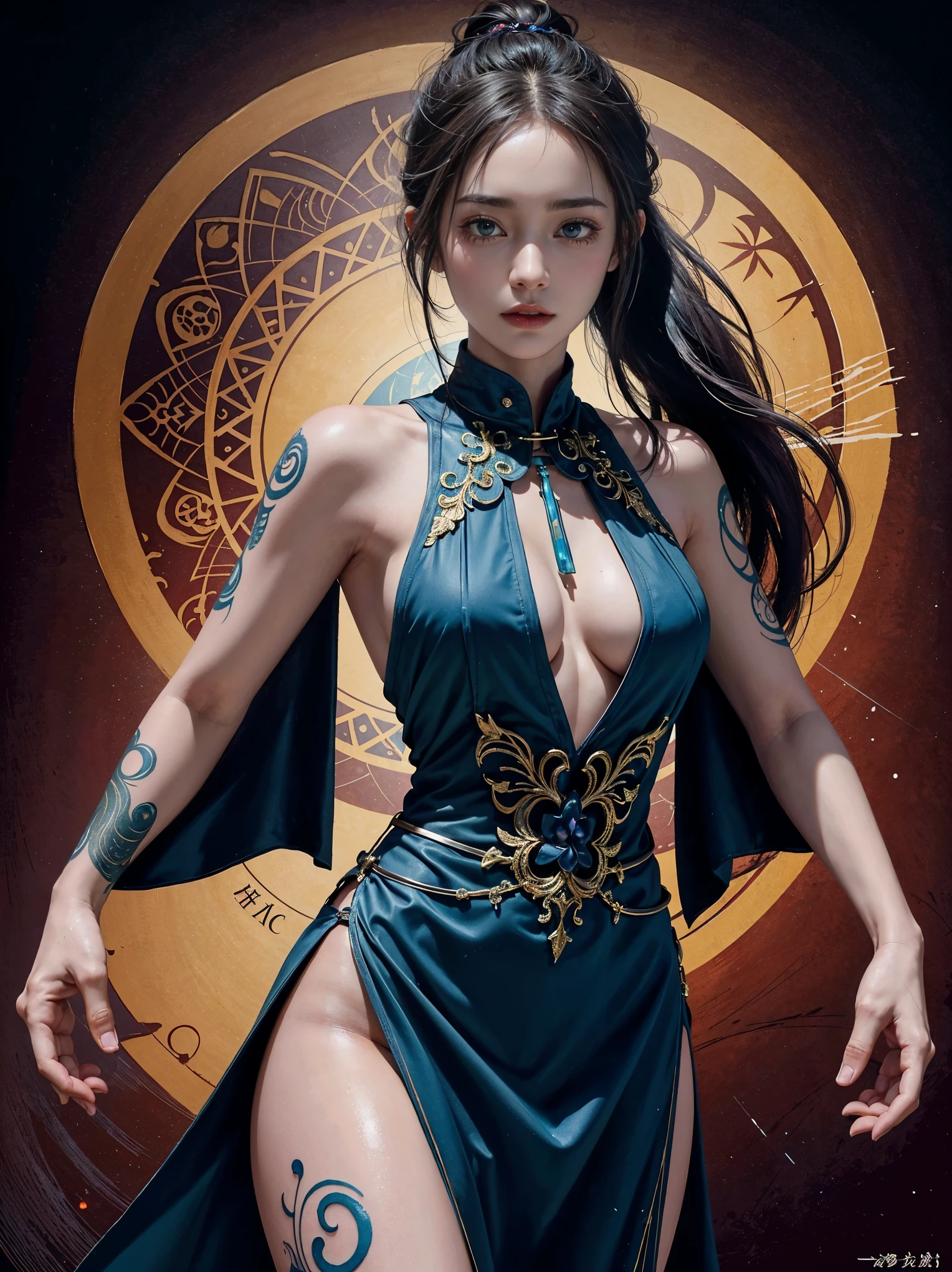 Masterpiece, best quality, high resolution, super detailed, one female, A striking photograph of a woman in a dark fantasy setting, practicing tai chi while her vibrant glowing tattoos illuminate her body. The tattoos are reminiscent of nanopunk technology, with intricate patterns and a mix of circular and linear shapes. The background is dark, with a stark contrast to the vibrant colors of the tattoos. The overall mood of the image is cinematic and conceptual, evoking a sense of mystery and otherworldliness.