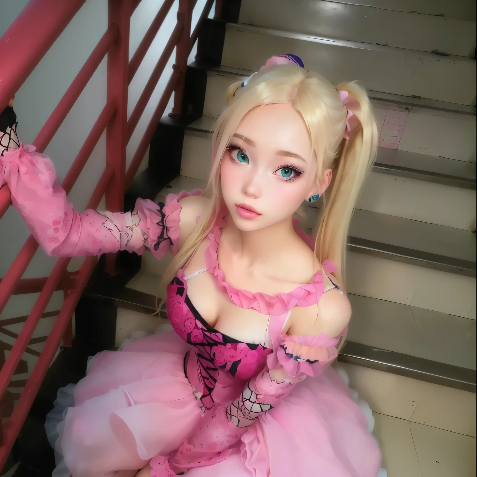 blond haired girl in pink dress sitting on stairs with pink handrail, anime girl cosplay, anime barbie doll, anime cosplay, y 2 k cutecore clowncore, cosplay photo, cosplay, pink twintail hair and cyan eyes, anime girl in real life, in dress, professional cosplay, belle delphine, anime barbie in white stockings
