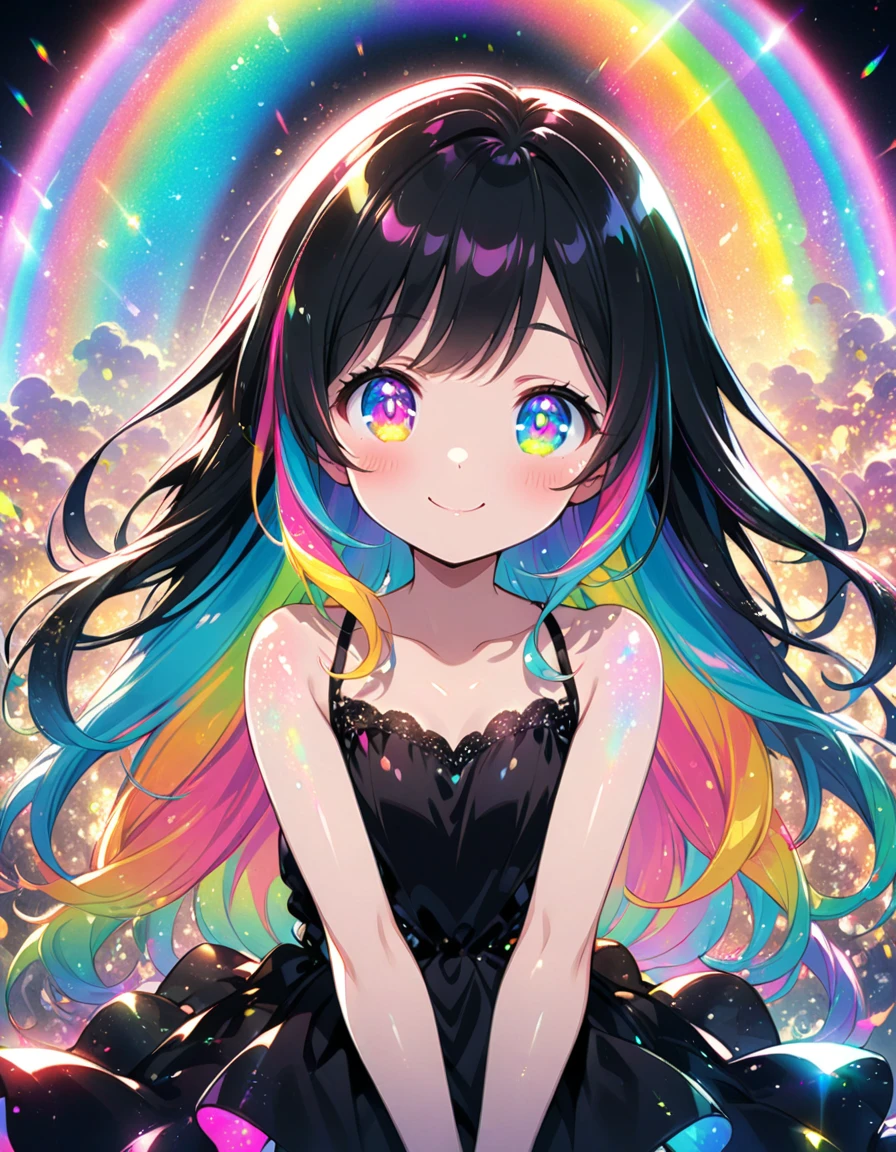 A girl with long rainbow hair, glowing rainbow eyes and an adorable smile wearing black dress, detailed anime style, fantasy illustration art, shiny glossy colorful lighting, glittery skin, glowing neon color palette, cute face --ar 3:4 --niji 6