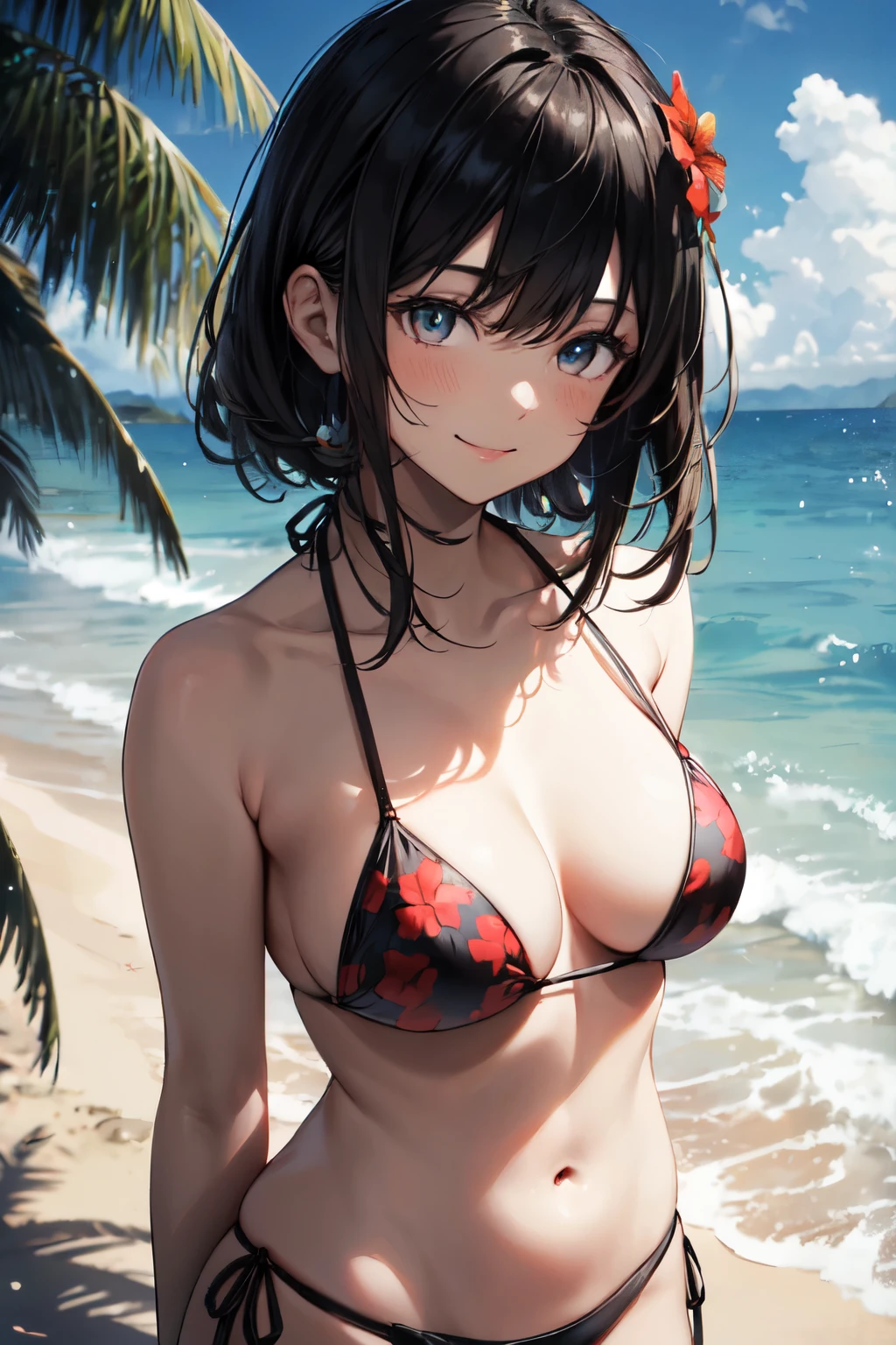 very cute and beautiful girl,(highly detailed beautiful face and eyes),red flower pattern bikini,
standing,arms behind back,looking at viewer,beach,tropical resort hotel,(smile),happy,black hair,
(best quality,masterpiece),absurdres,highres,ultra-detailed,extremely detailed,32k,
cinematic scene,detailed background,solo,dynamic angle, hair fluttering in the wind,beautiful detailed sky,(realistic),perfect hands,