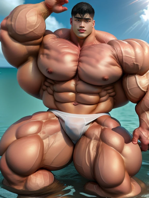 1 asian boy, undercut black haircut, bodybuilder bathing, outdoor, at the ocean water, strong body, bulk, naked, wear white triangular underwear, bulge, very big, brutalmass, giant, muscular body, bulk, massive body, large meaty body size, brown veiny skin, big arms, ballooning meaty pecs, big butt. wet, UHD, Realistic, intricate detail, illuminating light