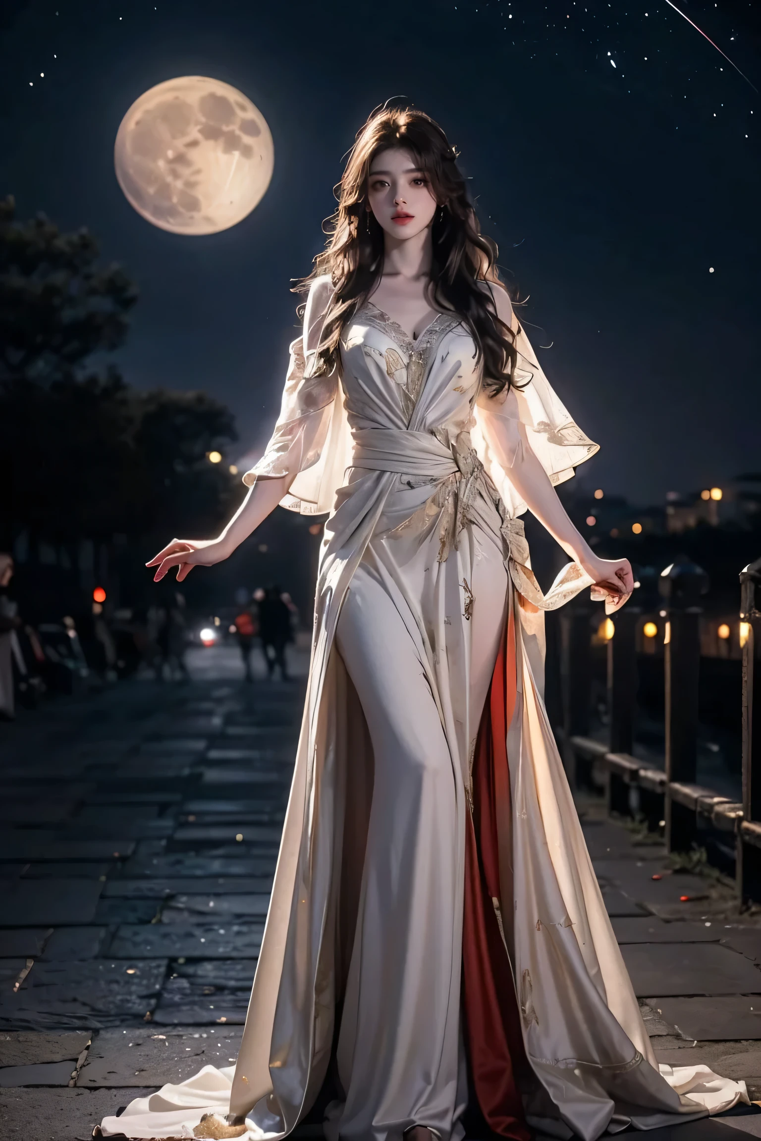 fantasy art, RPG art, photograph, RAW, (Ultra detailed: 1.5), Best Detailed, picture of a female vampire standing in St. Peter in the Vatican, an exquisute beautiful female vampire, full body, (best detailed face: 1.2), (grey skin: 1.2), red lips, (vampiric fangs1:1) (blood veins visible: 1.3), ultra feminie, blond hair, long hair, rich, flowing hair,wavy hair, red glowing eyes, wearing short dress, silk dress, intricate detaled dress, high heels, standing in St. Peter square in Vatican city, at night, full moon, stars in the sky, St. Peter square background, best quality, (extremely detailed), ultra wide shot, photorealism, depth of field, hyper realistic, 2.5 rendering,