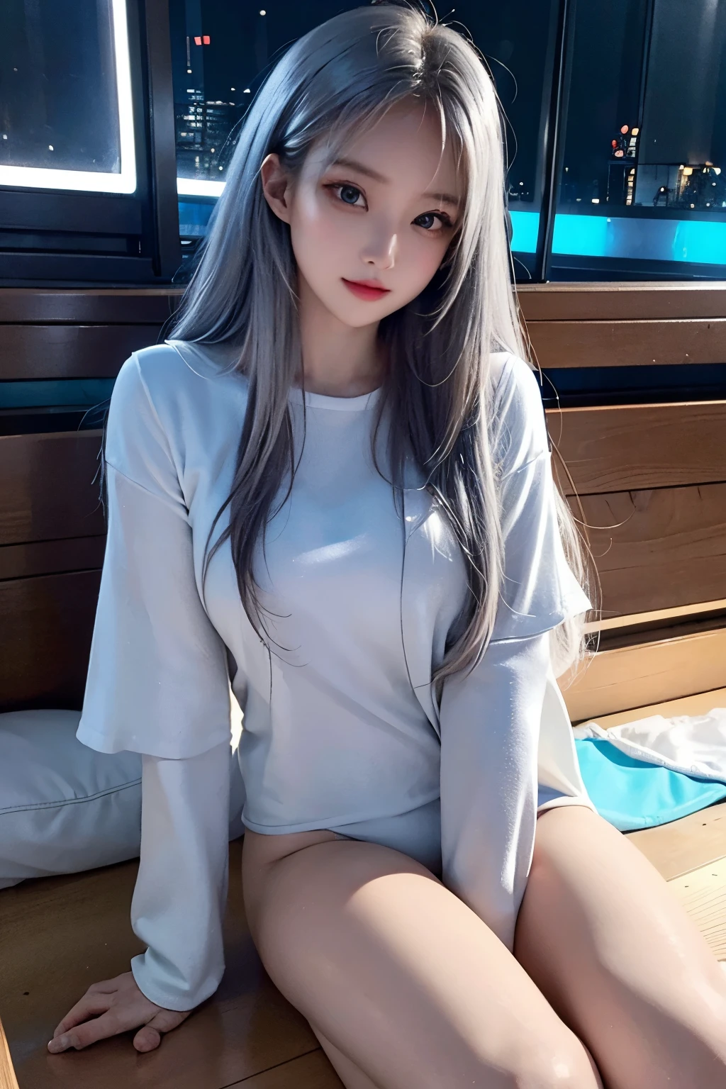 highest quality、8K masterpiece、超A high resolution、(Realistic:1.3)、RAW Photos、1 girl、Silver Hair、Glowing Skin、((Ultra-Realistic Details))、Portraiture、Global Illumination、Shadow、Octane Rendering、8k、Ultra Sharp、、、Metal、Cool colors、、Very intricate detail、Realistic Light、CGSoation Trend Beautiful Eyes、Eyes shining at the camera、Neon Details、、Sparkling turquoise eyes、Naked girlfriend、Full body photo、Open your legs、M-shaped legs