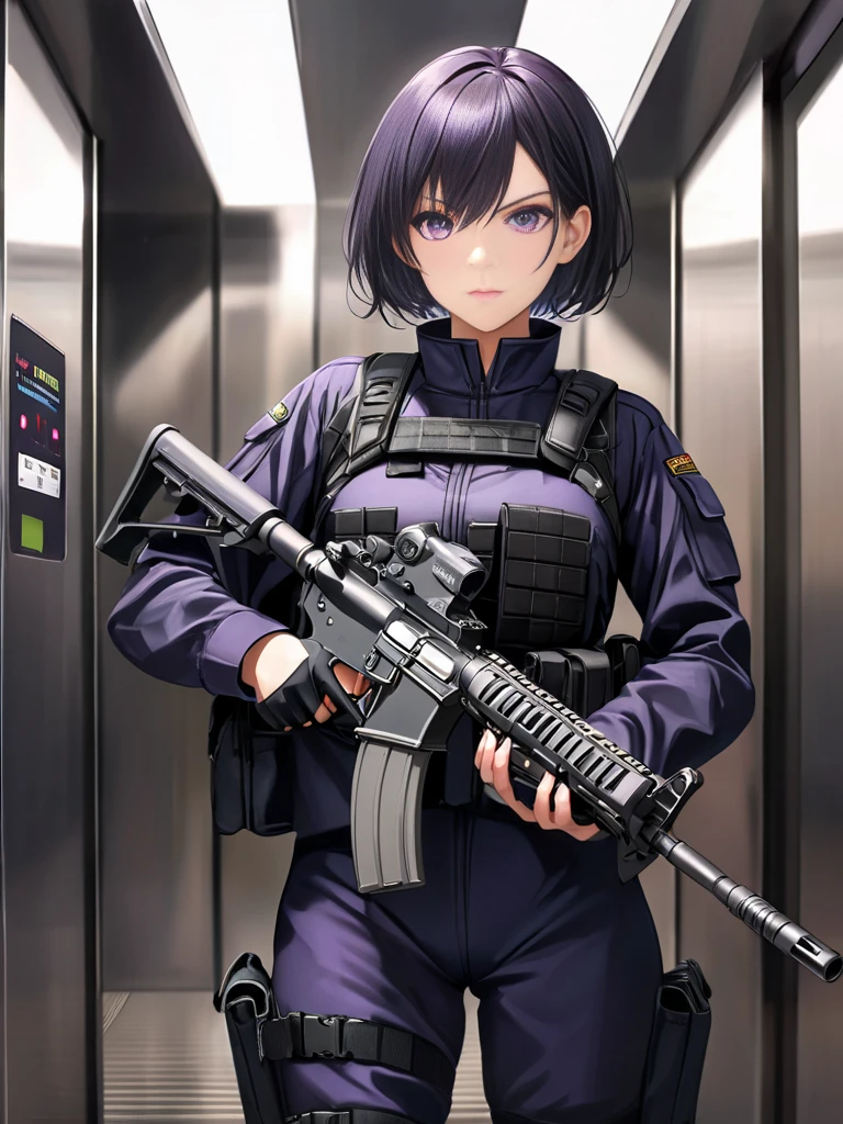 Tomboy mature and smart girls, short black hair, beautiful purple eyes, serious expression, wearing black full gear military cloth, standing in the elevator, bring M4 assault rifle, perfect hand, perfect eyes, perfect hair, detail hair, perfect ??????? body, detailed cloth, detailed environment, real M4 weapons.