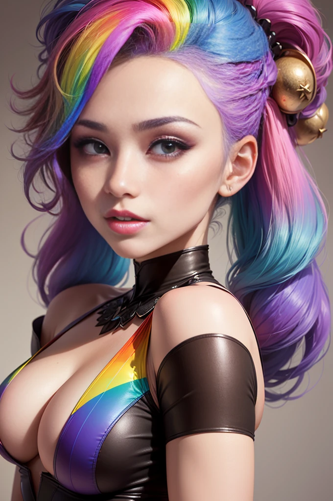 celebrity photo, brut, belle femme, ((portrait)), ((detailed face, colorful rainbow hair:1.2)), ((detailed facial feature, detailed skin, peau propre, parted lips), (corps parfaitement proportionné, seins moyens, side boobs), (revealing clothes), Armure d'épaule, bondage en velour, Jupe en cuir, Brassards, armored waders, pointes: 1.5)), (high detailed garden environment, his side for us, side view, regarder le spectateur: 1.3), (Realistic photo, Best quality, detailed),