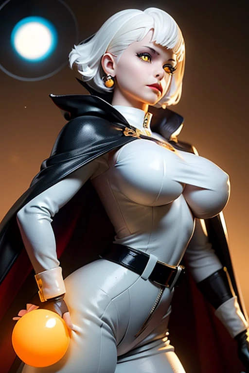  innocent girl with short white hair firm body perfect breasts tender face yellow eyes black lips black and white super heroine jumpsuit belt with pockets cape creating energy spheres 