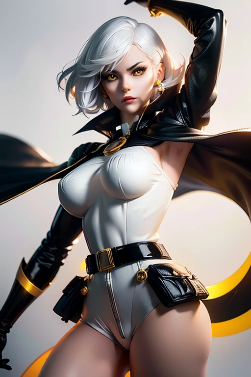  innocent girl with short white hair firm body perfect breasts tender face yellow eyes black lips black and white super heroine jumpsuit belt with pockets cape creating energy spheres 