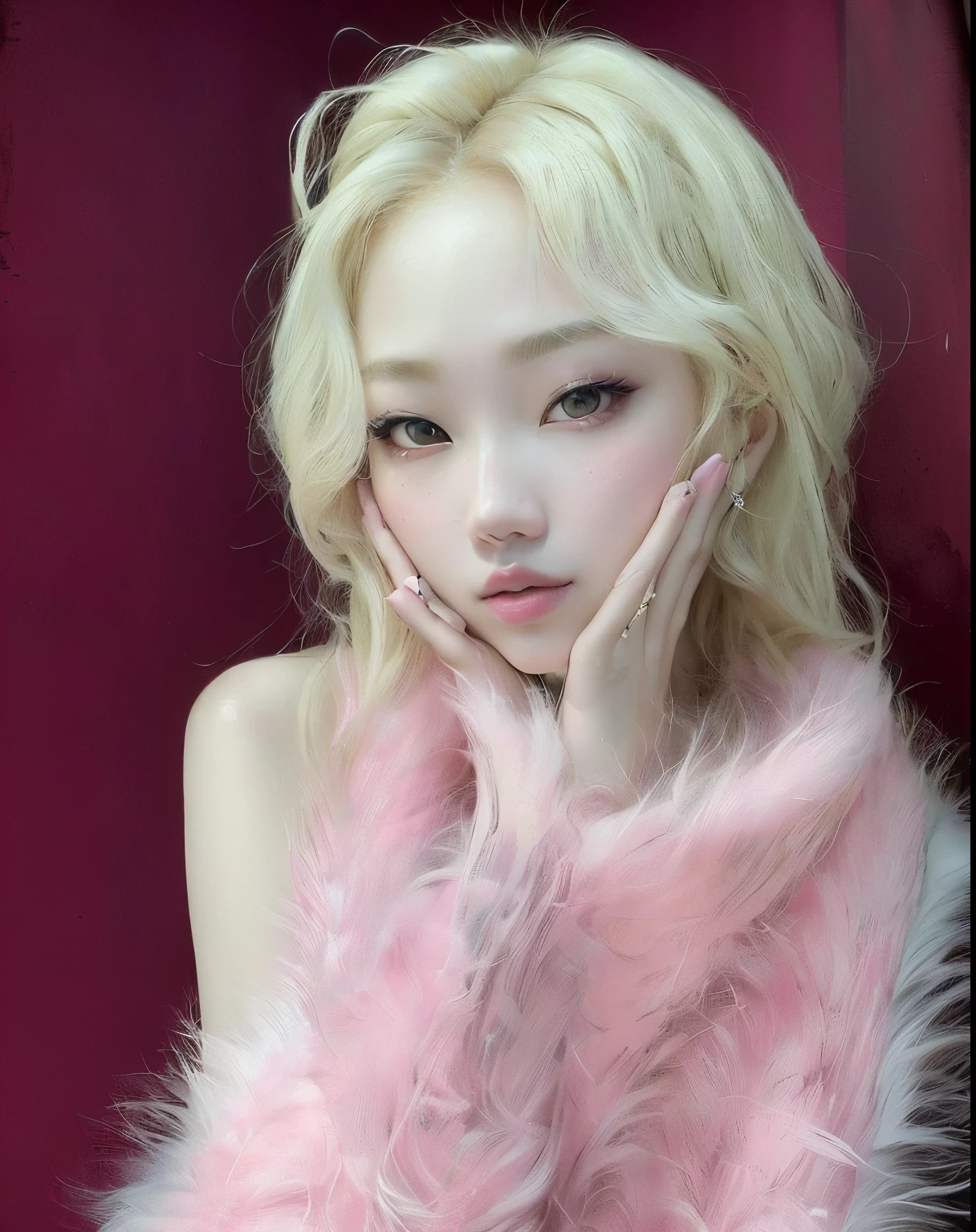 araffed woman with blonde hair and pink fur coat posing for a picture, roseanne park of blackpink, sun yunjoo, jossi of blackpink, portrait of jossi of blackpink, pale fair skin!!, heonhwa choe, jinyoung shin, junko enoshima, pale skin curly blond hair, ulzzang, with pink hair, kim doyoung
