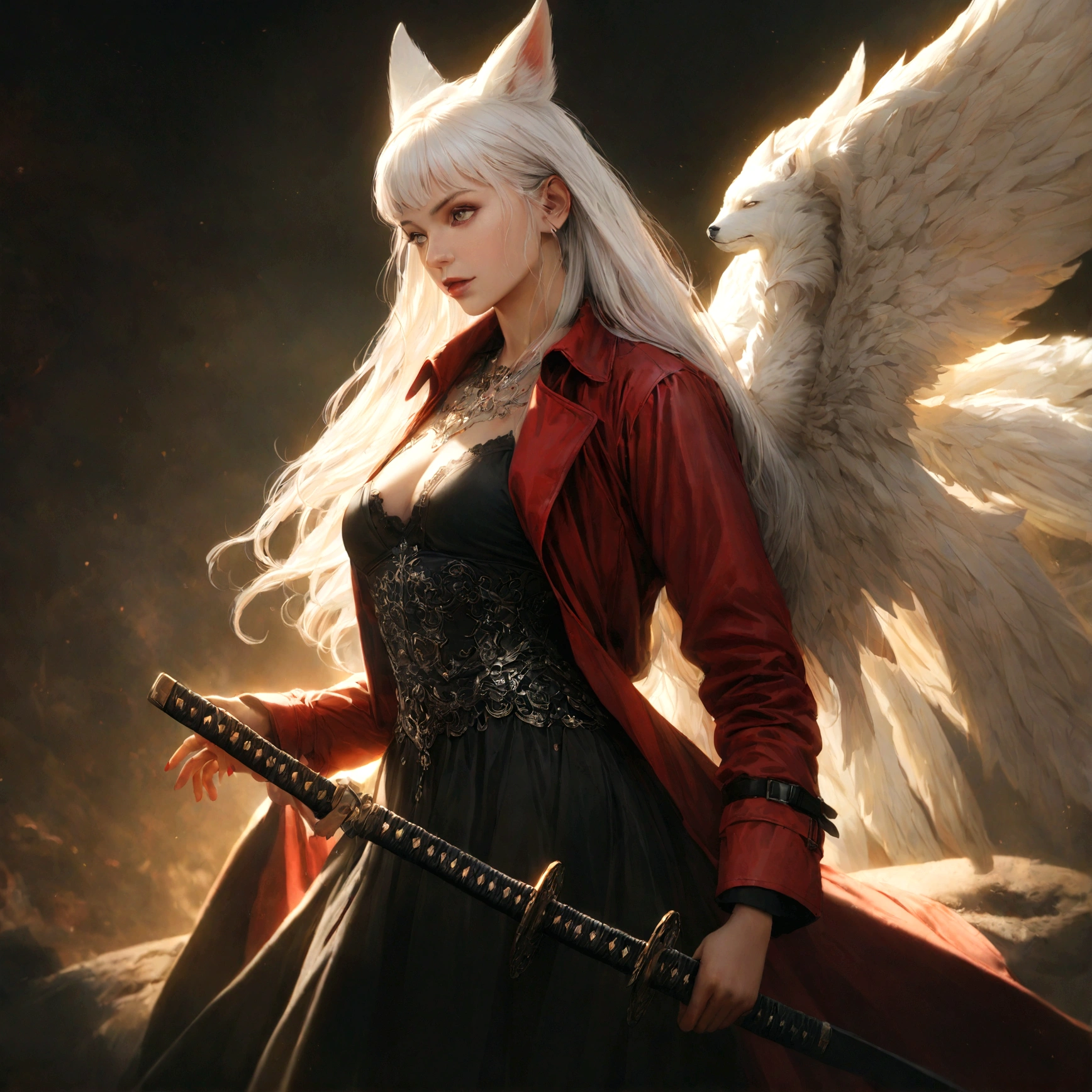 A beautiful detailed white-haired fox woman wearing a red trenchcoat, black bustier, and black skirt, with a katana on her back and angel wings, hyper-realistic, 8k, cinematic lighting, dramatic atmosphere, rich colors, intricate details, masterpiece