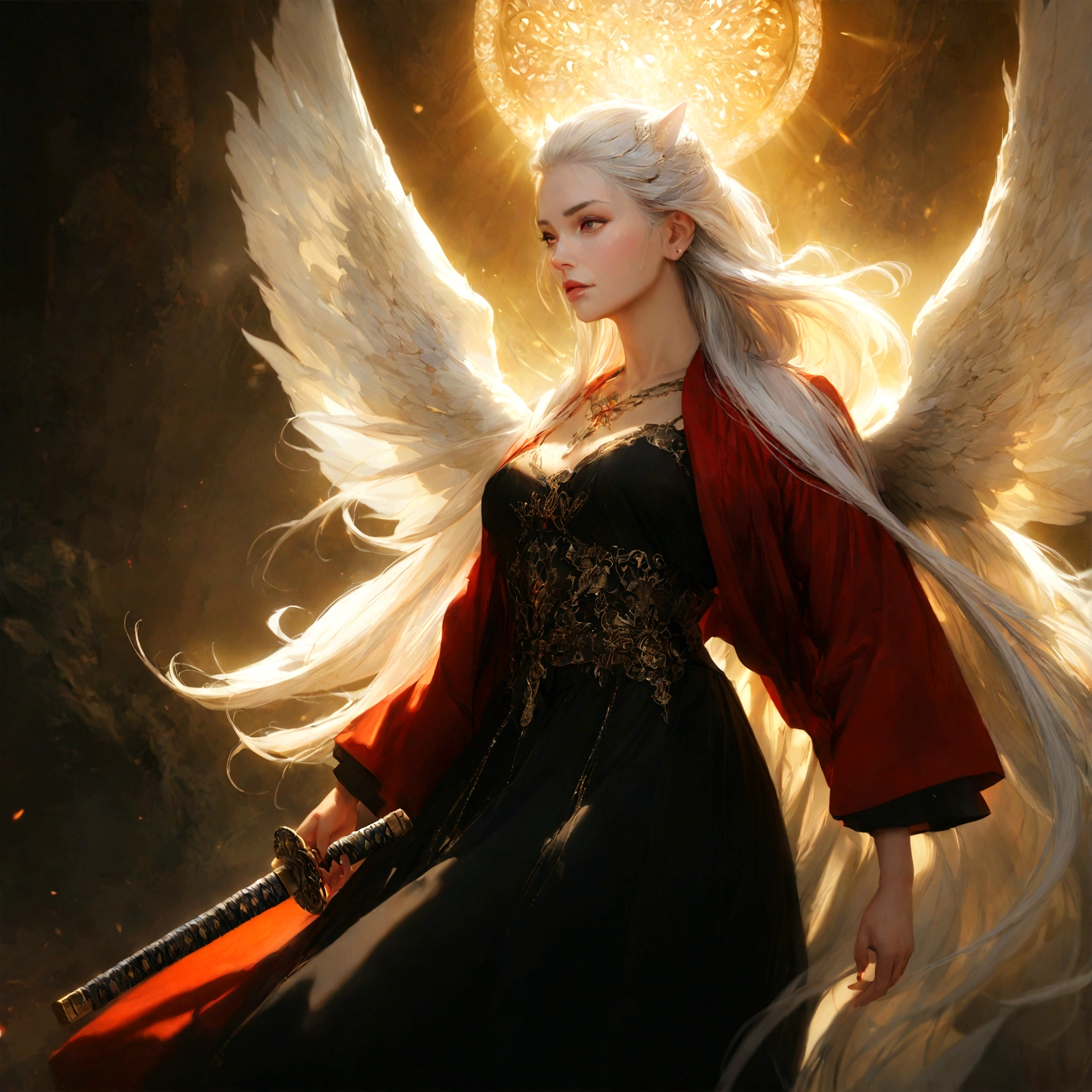 A beautiful detailed white-haired fox woman wearing a red trenchcoat, black bustier, and black skirt, with a katana on her back and angel wings, hyper-realistic, 8k, cinematic lighting, dramatic atmosphere, rich colors, intricate details, masterpiece