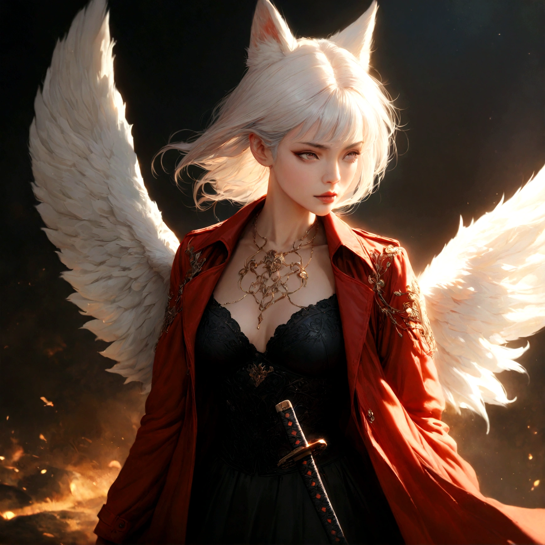 A beautiful detailed white-haired fox woman wearing a red trenchcoat, black bustier, and black skirt, with a katana on her back and angel wings, hyper-realistic, 8k, cinematic lighting, dramatic atmosphere, rich colors, intricate details, masterpiece