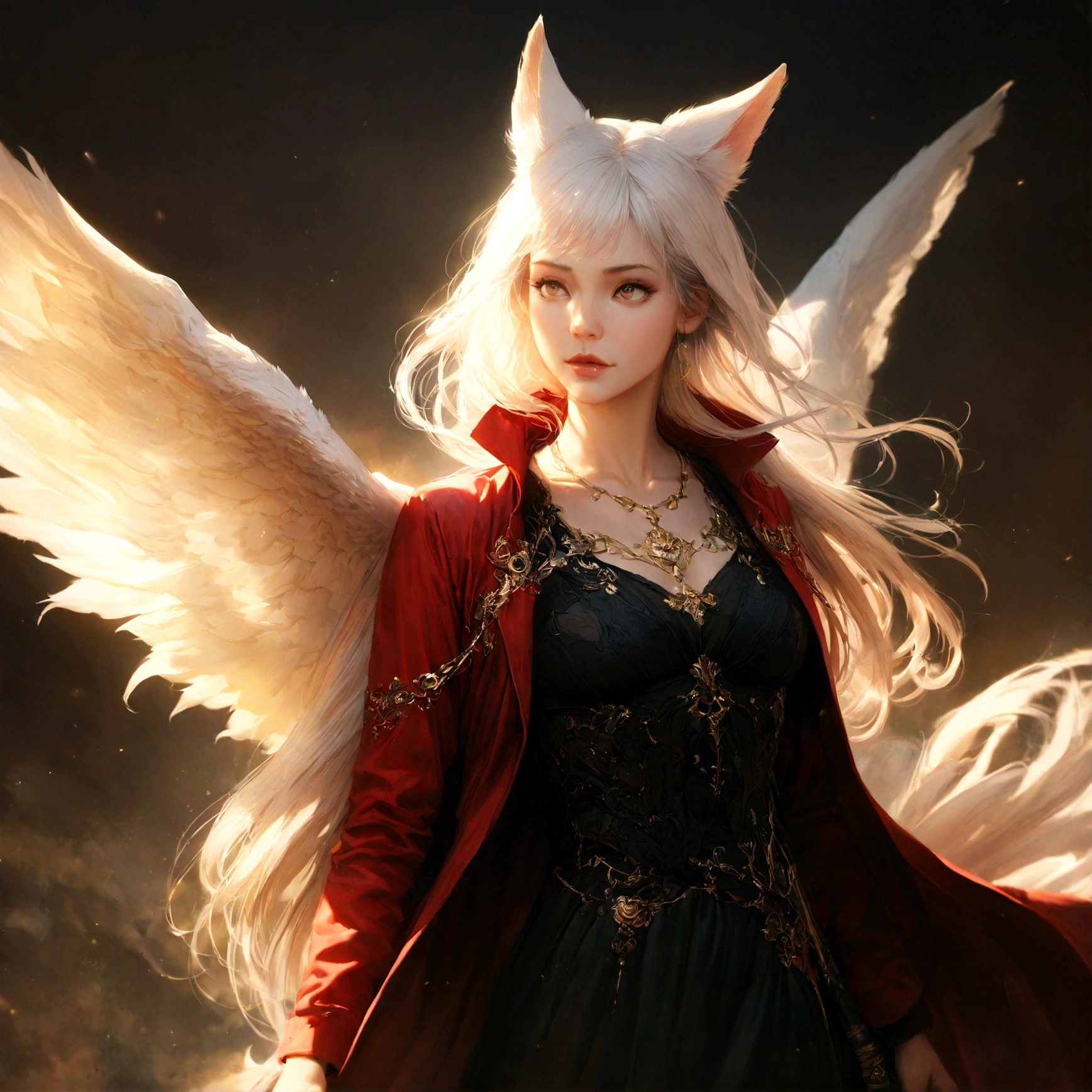 A beautiful detailed white-haired fox woman wearing a red trenchcoat, black bustier, and black skirt, with a katana on her back and angel wings, hyper-realistic, 8k, cinematic lighting, dramatic atmosphere, rich colors, intricate details, masterpiece