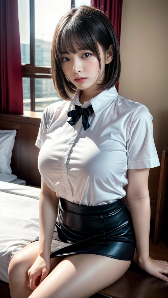 masterpiece, best quality, illustration, Super detailed, fine details, High resolution, 8K,wall paper, perfect dynamic composition,(Details High quality, realistic depiction of eyes:1.3), standing, (collared shirt:1.1), pleated skirt, short bob hair、black hair color, Big Natural Color Lip, bold sexy pose, crying a little、cold gaze, Harajuku style、acrobatic pose, 20 year old girl、cute type、ta、beautiful legs, hotel room, gravure idol, Voluptuous thighs, huge breasts, Don't expose it