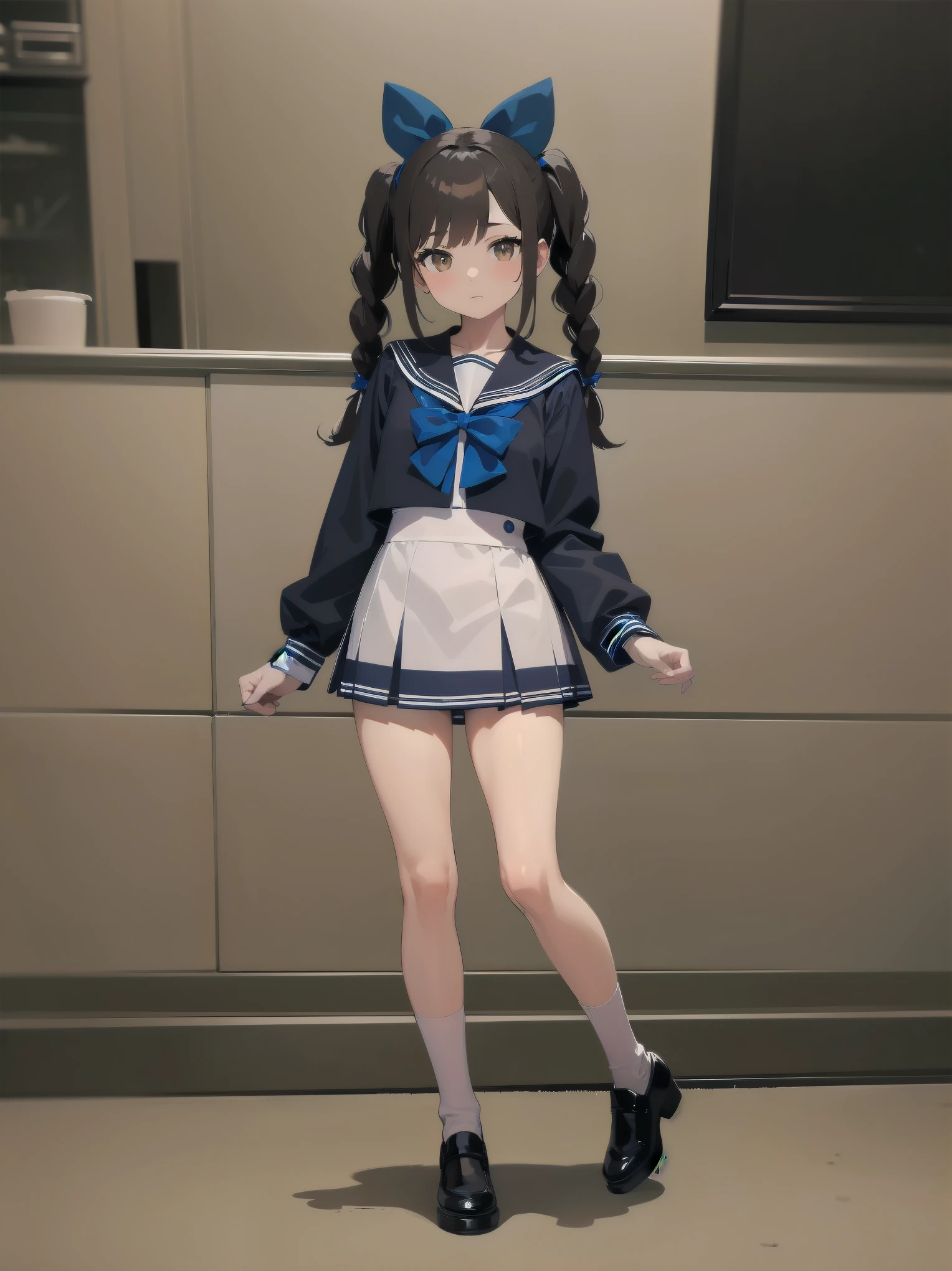 1girl, solo, looking at viewer, skirt, brown hair, shirt, long sleeves, bow, twintails, brown eyes, , full body, shoes, socks, sailor collar, black footwear, twin braids, cosplay, blue bow, white socks, pink skirt, photo background, pink sailor collar