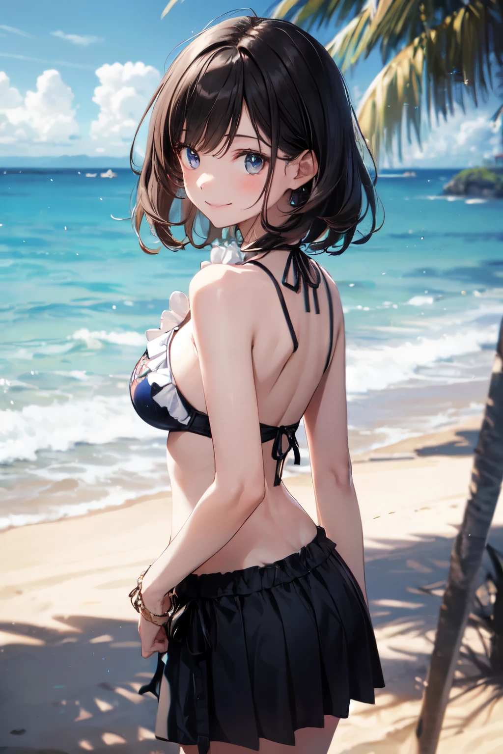 very cute and beautiful girl,(highly detailed beautiful face and eyes),(floral frilled blue ruffle bikini skirt), standing,arms behind back,looking at viewer,beach,tropical resort hotel,(smile:1.2),black hair,medium hair, (best quality,masterpiece),absurdres,highres,ultra-detailed,extremely detailed,32k, cinematic scene,detailed background,solo,dynamic angle, hair fluttering in the wind,beautiful detailed sky,