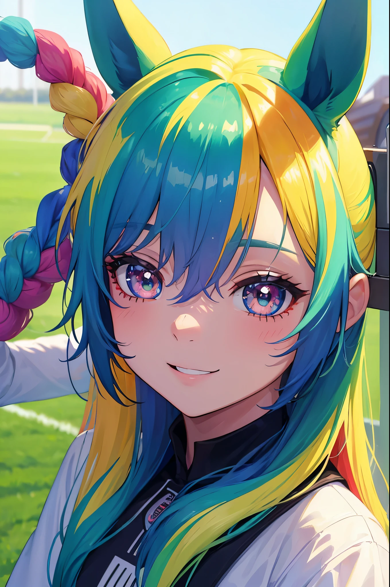 (obra-prima, melhor qualidade: 1.2),solo, horse girl, sorriso, olhando para o espectador, roupas esportivas, campo de futebol, diamond, multicolored hair, multicolored eyes