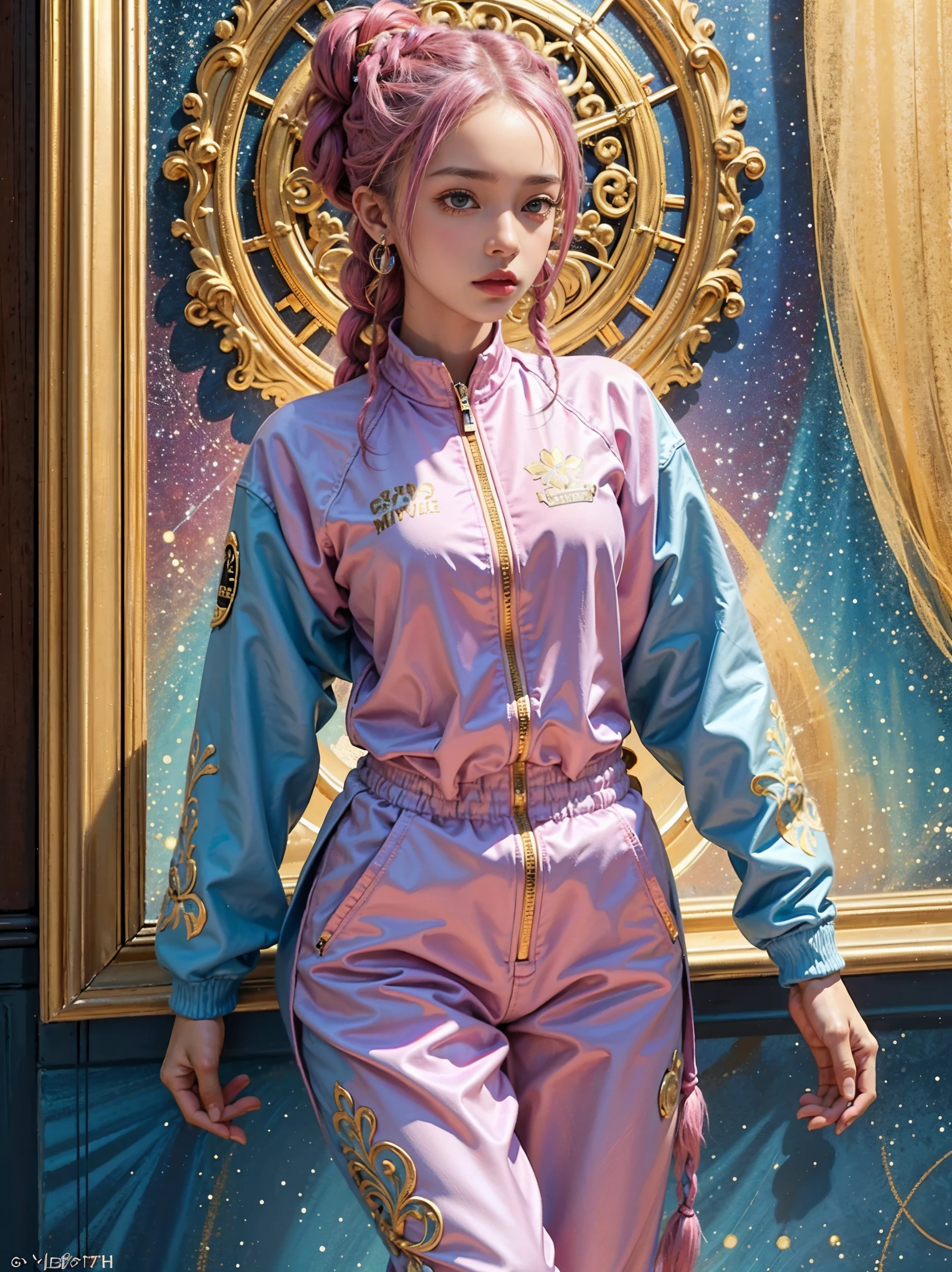 best quality, super fine, 16k, incredibly absurdres, extremely detailed, delicate, flashy and dynamic depiction, a wonderful painting reflected in your eyes, mysterious world. She's a dancer, pink and blue Kanekalon African braids her cool, slightly baggy yellow and red intricate tracksuit.