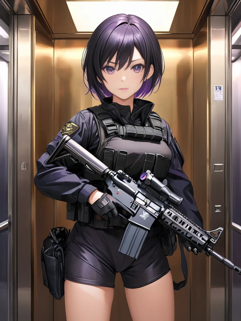 Tomboy mature and smart girls, short black hair, beautiful purple eyes, serious expression, wearing black full gear military cloth, standing in the elevator, bring M4 assault rifle, wearing military black gloves, perfect hand, perfect eyes, perfect hair, detail hair, perfect anatomy body, detailed cloth, detailed environment, real M4 weapons.