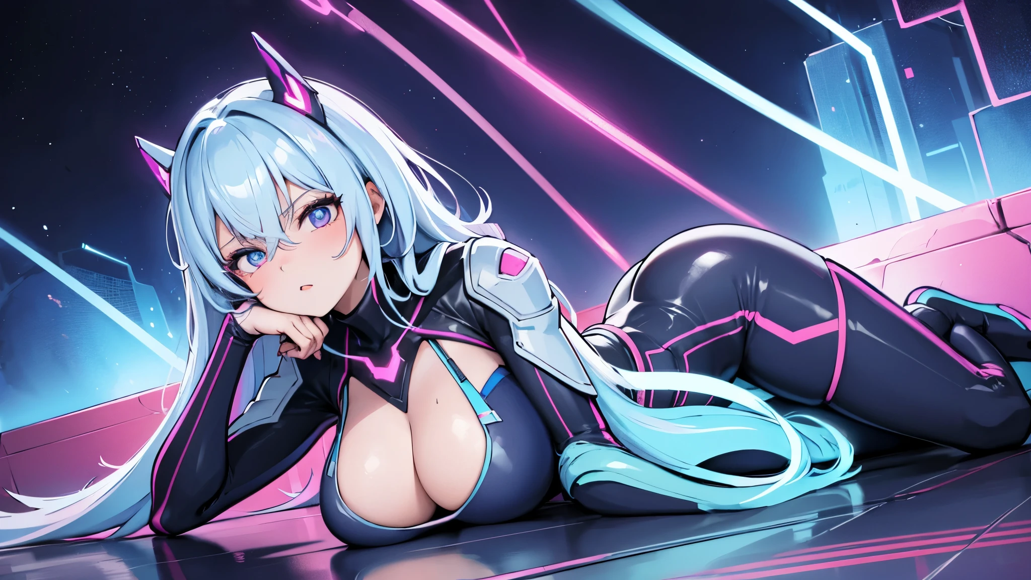 girl with a futuristic power suit, predominant colors light blue pink neon violet, curvy, cinematic lighting, high definition, perfect proportions, blurred futuristic city background, low cut, big breasts, expression of sensuality, seductive pose, lying down