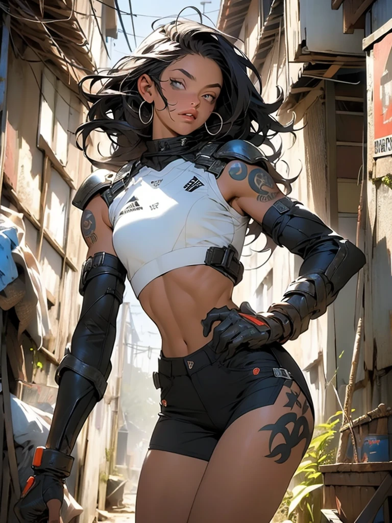 (((mulher))), (((melhor qualidade))), (((obra prima))), (((adulto))), view from the knee up, Uma gladiadora linda mulher branca com corpo perfeito, Gladiadores do Brooklyn, Hand with gloves and protection on the left arm made of steel and metal tips, (( parte de baixo dos peitos aparecendo )), (( Tiny floss )), almost naked in Simon Bisley's urban wilderness style for a high-resolution poster, cabelo moicano, Minimum clothing, armadura (roupas loucas ), cheio de pontas e rebites, tatuagem tribal, (((corpo inteiro))), cabelo moicanos com as pontas coloridas