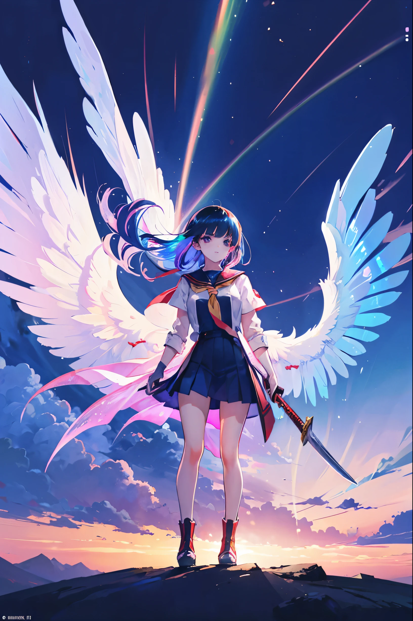 Ryuko Matoi, usando seu traje e sua espada, special switching mode, reflections, postura durona, corpo todo, fotografia, (ultra-realistic), {papel de parede de unidade CG 8k extremamente detalhado}, expansive landscape fotografia, (a view from below that prioritizes character and setting, Wide view of the open field), (Low-angle photo), (destaque: 1.7), (Luz baixa: 1.0), (fonte de luz quente: 1.5), detalhes complexos, (cores iridescentes: 1.7), (bright lighting), (Atmospheric Lighting), sonhadores, Magical, Anime Kill la Kill com lindas asas