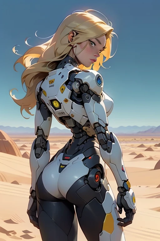 high quality, 4k, masterpiece, beautiful, cyborg girl, cowboy shot, dull eyes, back side, turning around to look at viewer, long blonde hair, girl, small breasts, fit thigh, robotic arms, robotic body, cyborg body, yellow accent, red accent, intricate detail, joint, detailed lines, robotic detail, holding fist up, holding hand up as fist, color robotic parts, robotic parts with color, perfect fingers, on a desert planet, sunny background, colorful desert,