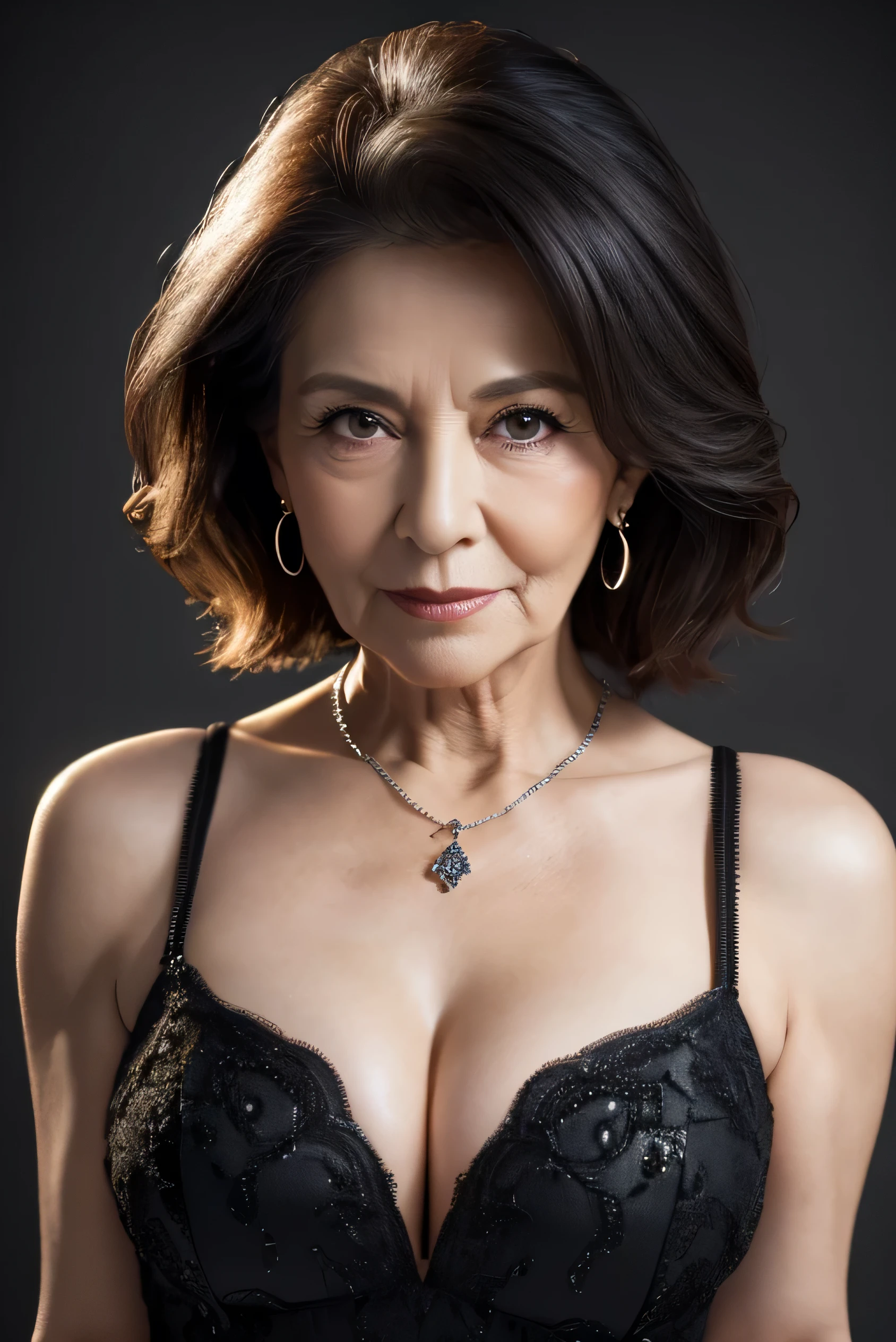 highest quality, masterpiece, High resolution, Realistic, RAW Photos, 8k wallpaper, perfection, Professional Lighting, Very detailed, ((One beautiful woman)), 80 years old, Sexy Woman, ((Black Dress)), Cleavage, Upper Body, ((look into the viewer'eye)), Detailed face, Beautiful eye, ((I'looking forward to it)), In the stylish dining room, sunny, bangs, Shapely breasts, Short Bob Hair, Plump and glossy lips, Cowboy Shot, ((Place your arms between your legs))
