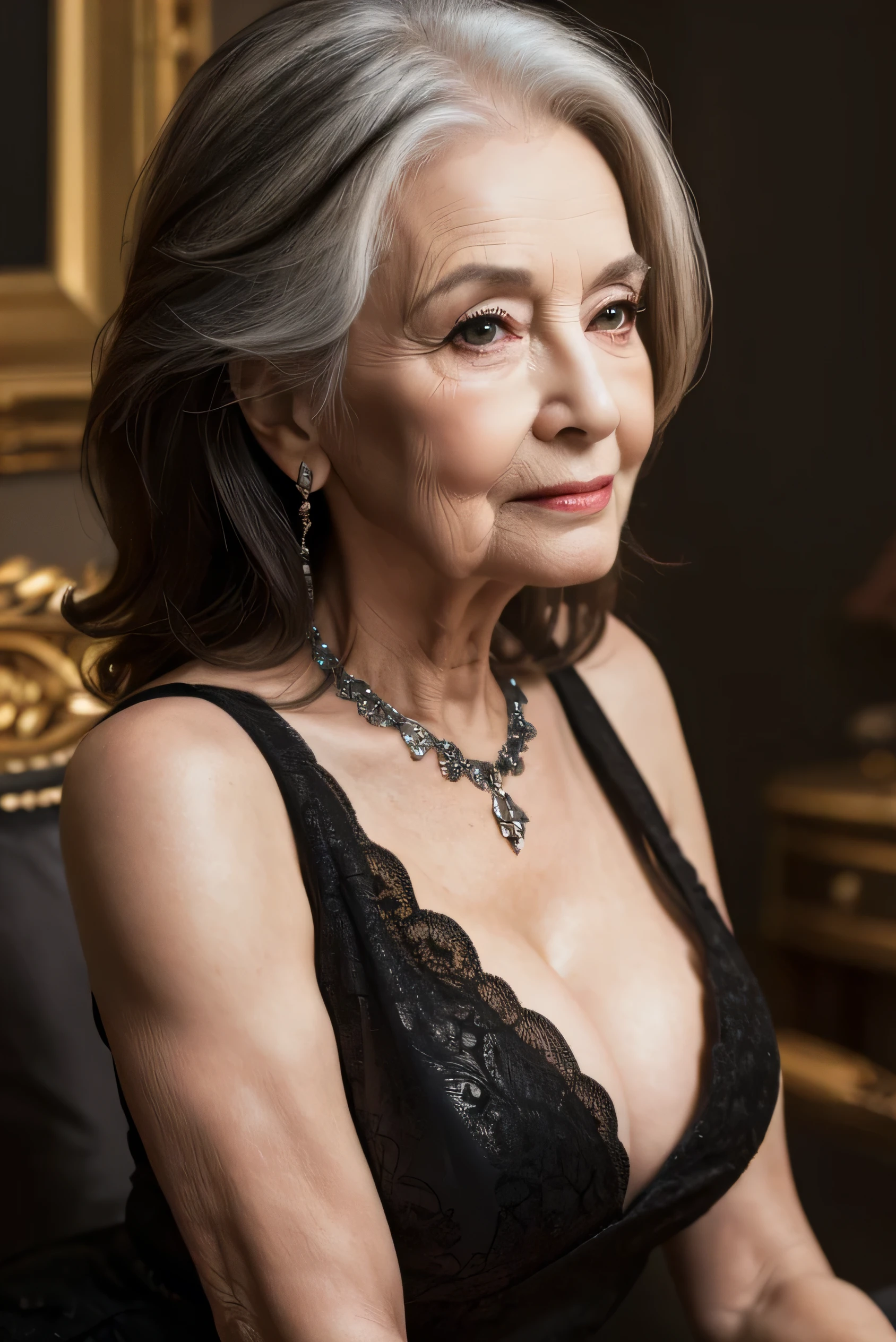 highest quality, masterpiece, High resolution, Realistic, RAW Photos, 8k wallpaper, perfection, Professional Lighting, Very detailed, ((One beautiful woman)), 80 years old, Sexy Woman, ((Black Dress)), Cleavage, Upper Body, ((look into the viewer&#39;eye)), Detailed face, Beautiful eye, ((I&#39;looking forward to it)), In the stylish dining room, sunny, bangs, Shapely breasts, Short Bob Hair, Plump and glossy lips, Cowboy Shot, ((Place your arms between your legs))