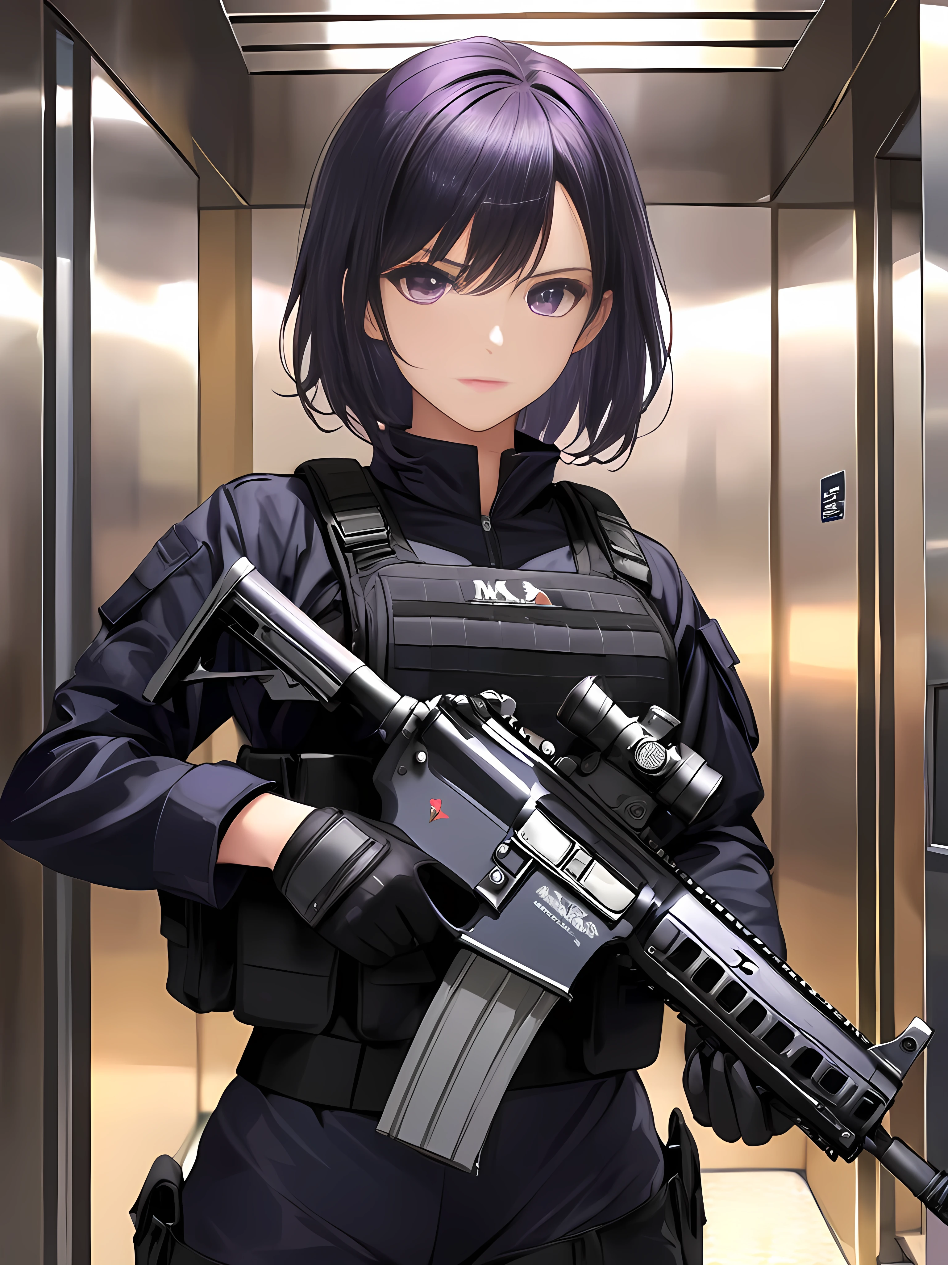 Tomboy mature and smart girls, short black hair, beautiful purple eyes, serious expression, wearing black full gear military cloth, standing in the elevator, bring M4 assault rifle, wearing military black gloves, perfect hand, perfect eyes, perfect hair, detail hair, perfect anatomy body, detailed cloth, detailed environment, real M4 weapons.