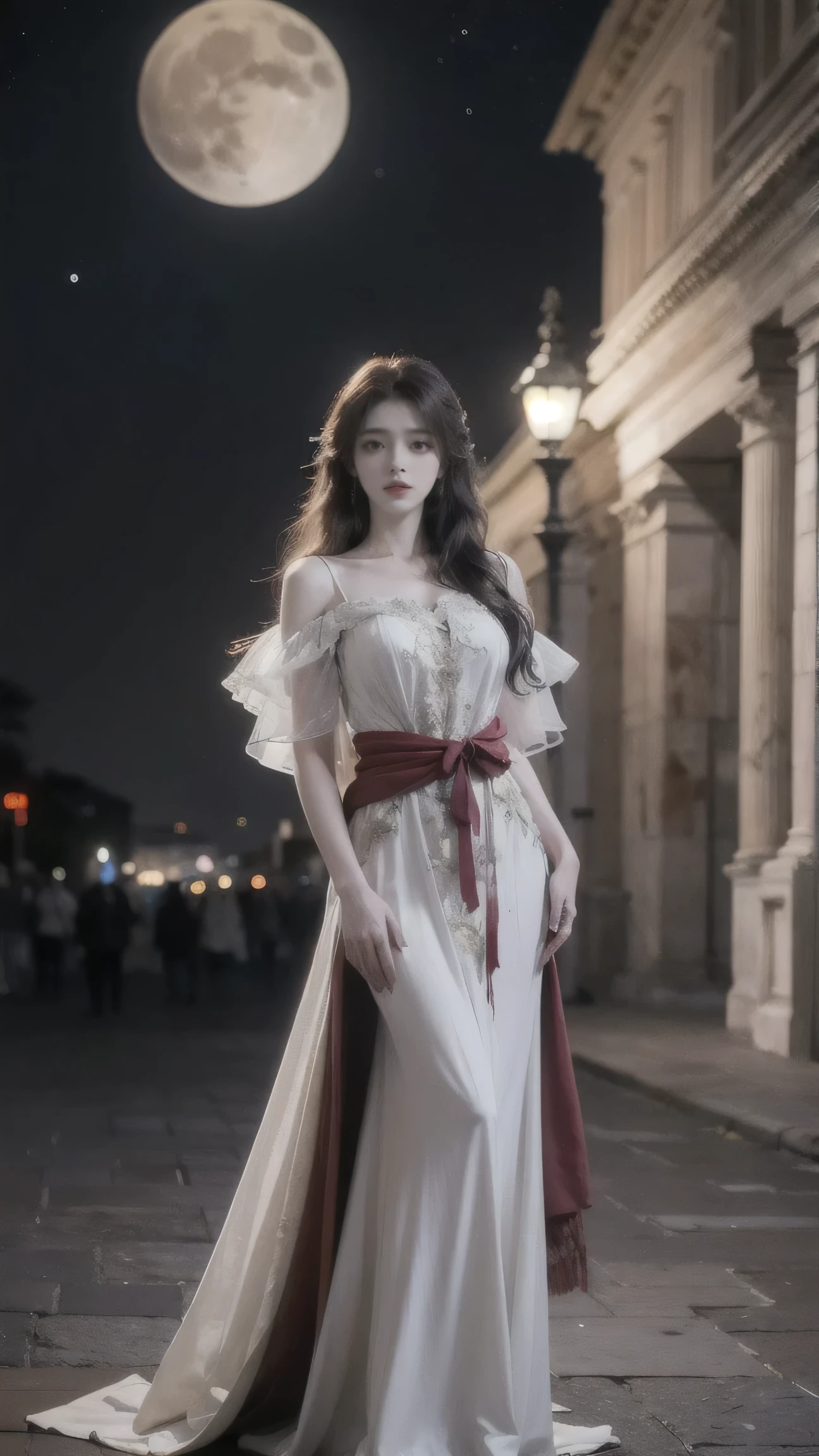 fantasy art, RPG art, photograph, RAW, (Ultra detailed: 1.5), Best Detailed, picture of a female vampire standing in St. Peter in the Vatican, an exquisute beautiful female vampire, full body, (best detailed face: 1.2), (grey skin: 1.2), red lips, (vampiric fangs1:1) (blood veins visible: 1.3), ultra feminie, blond hair, long hair, rich, flowing hair,wavy hair, red glowing eyes, wearing short dress, silk dress, intricate detaled dress, high heels, standing in St. Peter square in Vatican city, at night, full moon, stars in the sky, St. Peter square background, best quality, (extremely detailed), ultra wide shot, photorealism, depth of field, hyper realistic, 2.5 rendering,