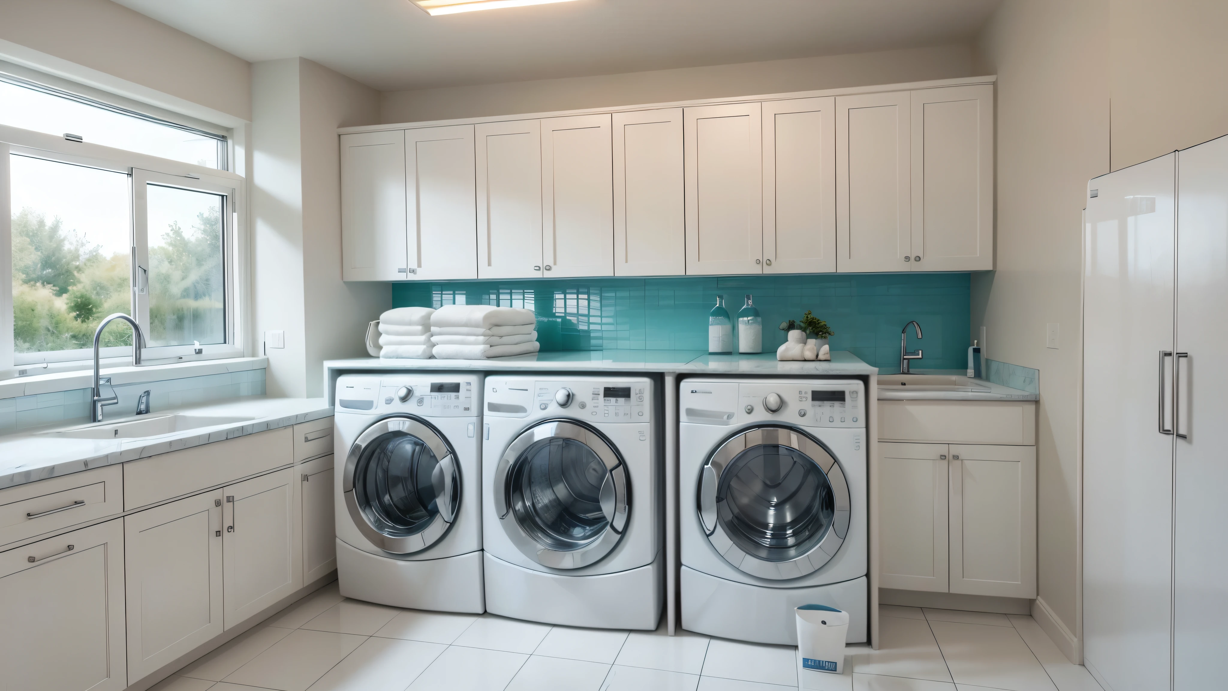 In the house's laundry room, there is a simple washing machine at the back of the space. It is white and has basic controls on the top. Next to the machine, there is an elegant and spacious marble sink, where you can hand wash delicate clothes or perform other cleaning tasks. The sink has a chrome tap, with hot and cold water, making washing easier.
The laundry area is well lit, with a window that allows natural light to enter during the day. There are shelves on the walls, providing space to store cleaning products, detergents and fabric softeners, keeping everything organized and accessible.
On the floor there is a white tiled floor, easy to clean in case of splashes of water or detergent. The arrangement of elements in the laundry room is practical and functional, making the space suitable for carrying out laundry tasks efficiently and comfortably.