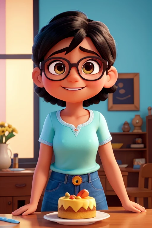 ChatGPT
"Visualize uma cena repleta de calor humano e alegria, in the unmistakable style of Pixar animation. Uma garota gordinha, her elegantly styled medium black hair, sports a pair of glasses that enhance his curious look. Your smile lights up the space around you, transmitindo uma energia contagiante. Her eyes shine with excitement as she leans forward, with an air of animation, admiring a magnificent cake in front of you. Vibrant colors and friendly features bring this scene to life, inviting you to imagine all the emotion she is experiencing in this special moment."