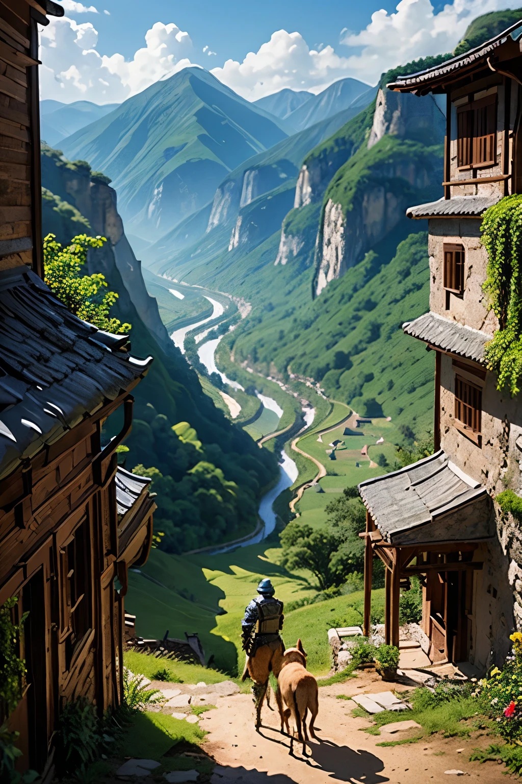 A landscape shot of a tall armored man and a dog overlooking a green lush valley with a village