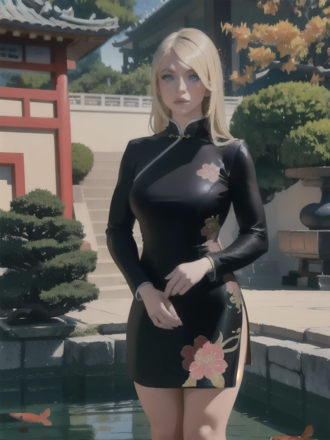 girl standing in a chinese garden, wearing a intricate chinese black dress, pouty lips, blonde hair, blue eyes, bright pupils, scenery, temple, park, pond, koi fish, bonsai, upper body, beautiful, realistic, dynamic lighting, detailed eyes