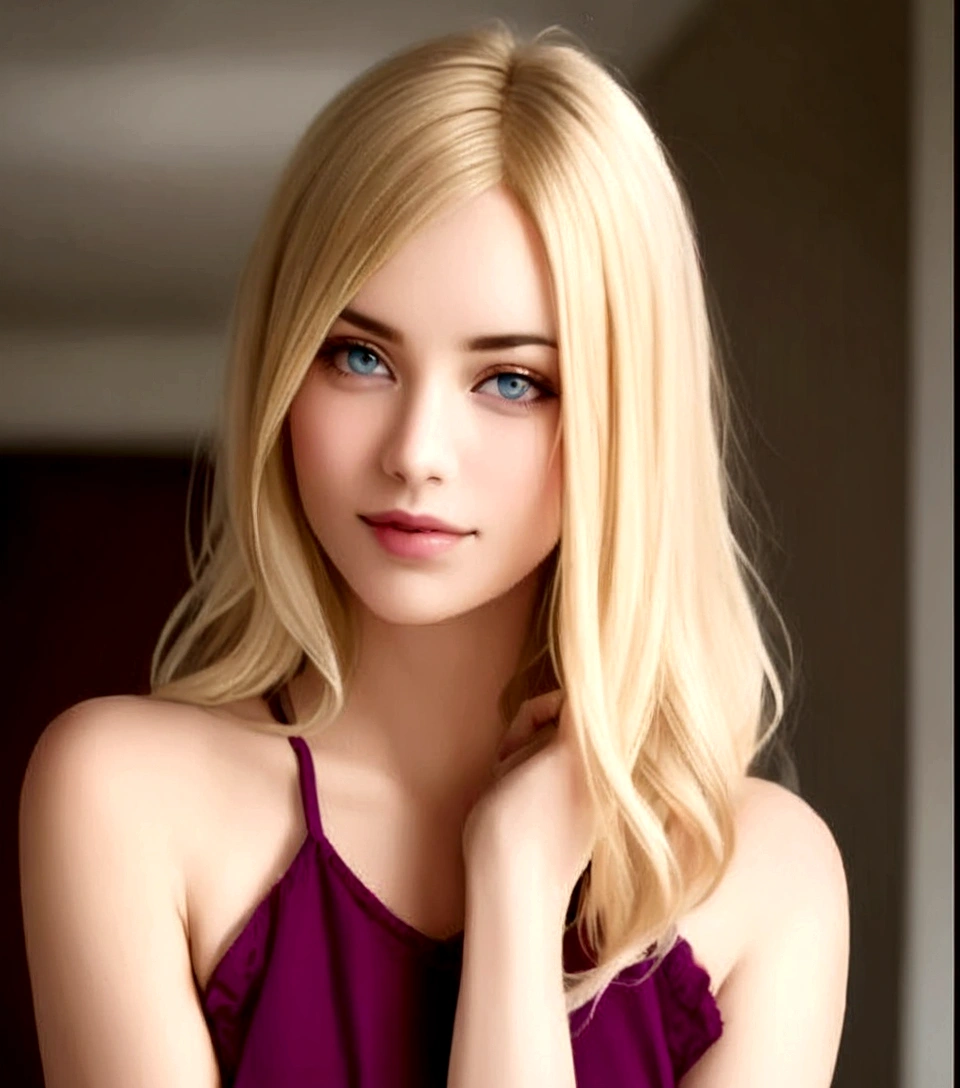Create a full body realistic image for me using this. I want her to be blonde with good looking body