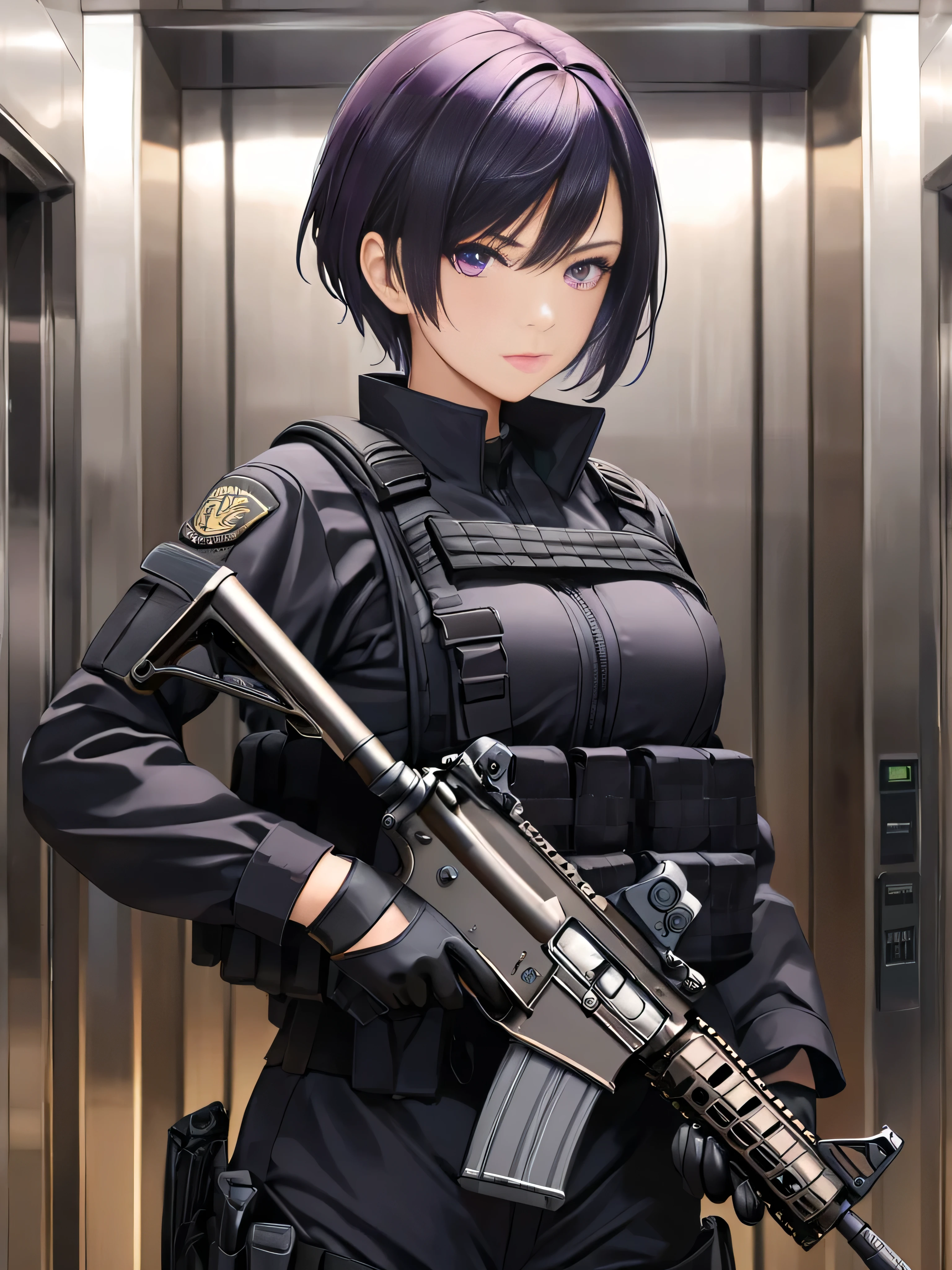 Tomboy mature and smart girls, short black hair, beautiful purple eyes, serious expression, wearing black full gear military cloth, standing in the elevator, bring M4 assault rifle, wearing military black gloves, perfect hand, perfect eyes, perfect hair, detail hair, perfect anatomy body, detailed cloth, detailed environment, real M4 weapons, real elevator.