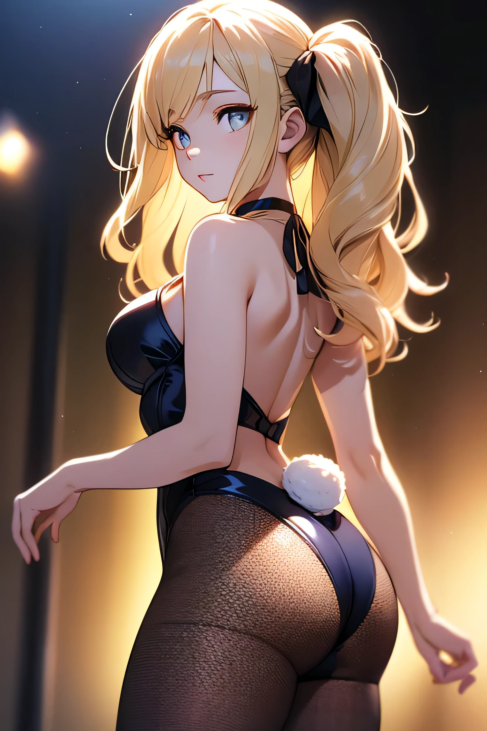 (Photorealistic:1.8, highest quality:1.8,8K masterpiece:1.8,High resolution,Mastepiece:1.8,RAW Photos,Cinematic lighting),No split screen、Brilliant lights、Danceteria、1 Bunny Girl、Zooming in on parts、Back view、Angle from below、
(Real skin texture:1.3)、(Shortcuts、Blonde Hair)、Woman's Costume(choker、Bunny Girl Suit、Fishnet tights、Rabbit's Tail)、Crotch close-up、((Perfect female body))、Crotch close-up、Spread the genitals、Open pussy、
Beautiful expression、Beautiful Face、Beautiful Eyes、Esbian all over、(Random Sexy Poses:1.3、thrust one's hips upward、Stick your hips out to the camera:2.3)、cameltoe、(Immersive atmosphere、Chiaroscuro:1.5、Bright light:1.2、Bright lighting)、Realistic:1.3、Long Shot、The woman is naked、woman is nude、Adult video shoot、(Beautiful expression、A rich expression、smile)