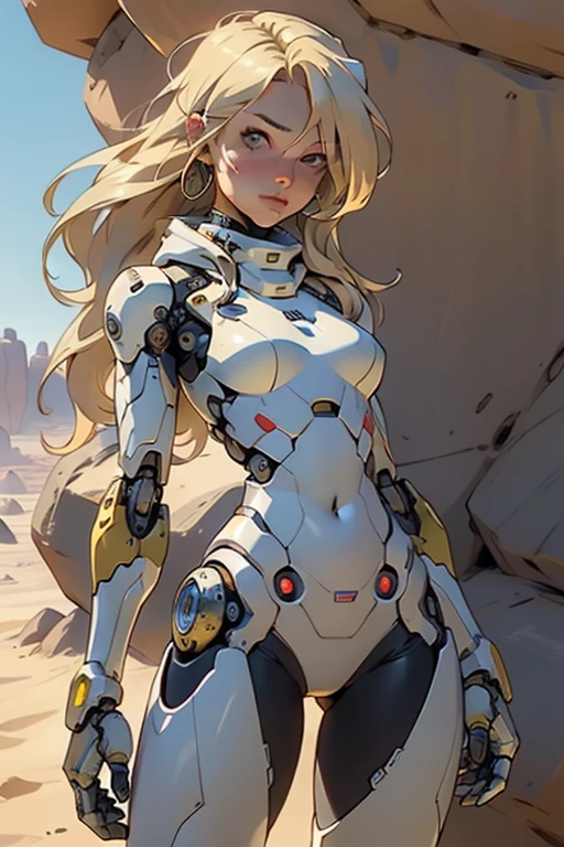 high quality, 4k, masterpiece, beautiful, cyborg girl, cowboy shot, dull eyes, looking at viewer, long blonde hair, girl, small breasts, fit thigh, robotic arms, robotic body, cyborg body, yellow accent, intricate detail, joint, detailed lines, robotic detail, holding fist up, holding hand up as fist, color robotic parts, robotic parts with color, perfect fingers, on a desert planet, sunny background, colorful desert,