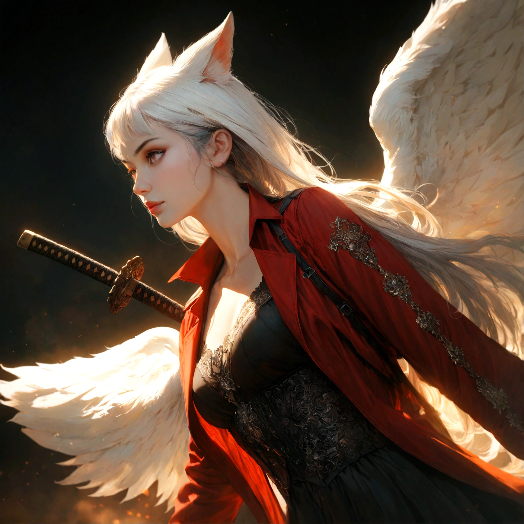 A beautiful detailed white-haired fox woman wearing a red trenchcoat, black bustier, and black skirt, with a katana on her back and angel wings, hyper-realistic, 8k, cinematic lighting, dramatic atmosphere, rich colors, intricate details, masterpiece