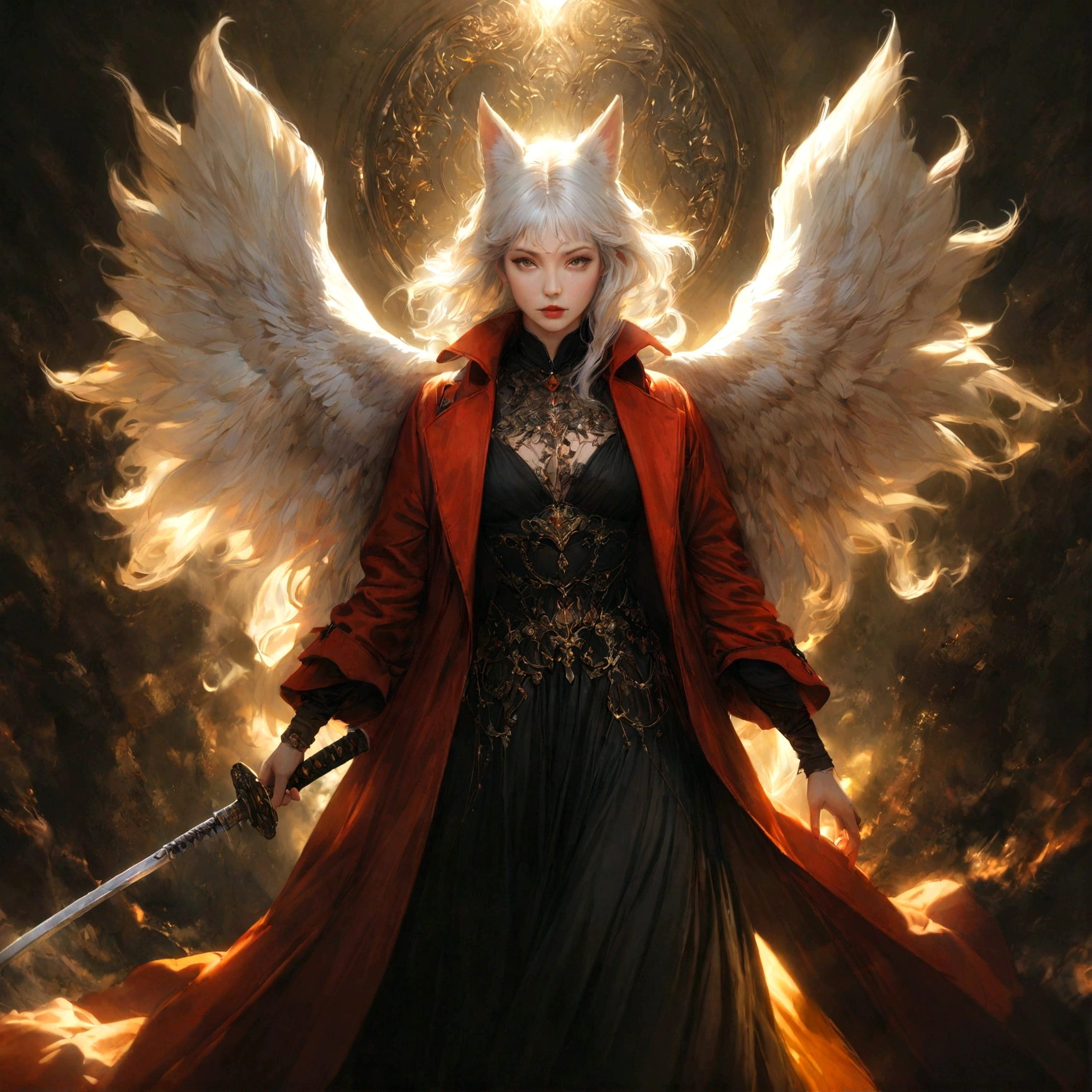 A beautiful detailed white-haired fox woman wearing a red trenchcoat, black bustier, and black skirt, with a katana on her back and angel wings, hyper-realistic, 8k, cinematic lighting, dramatic atmosphere, rich colors, intricate details, masterpiece
