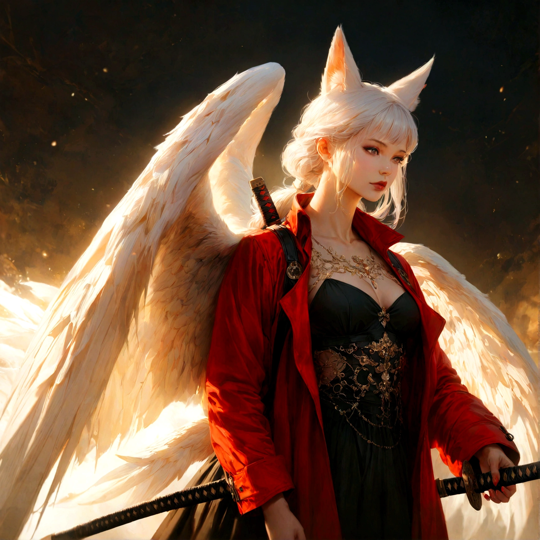A beautiful detailed white-haired fox woman wearing a red trenchcoat, black bustier, and black skirt, with a katana on her back and angel wings, hyper-realistic, 8k, cinematic lighting, dramatic atmosphere, rich colors, intricate details, masterpiece