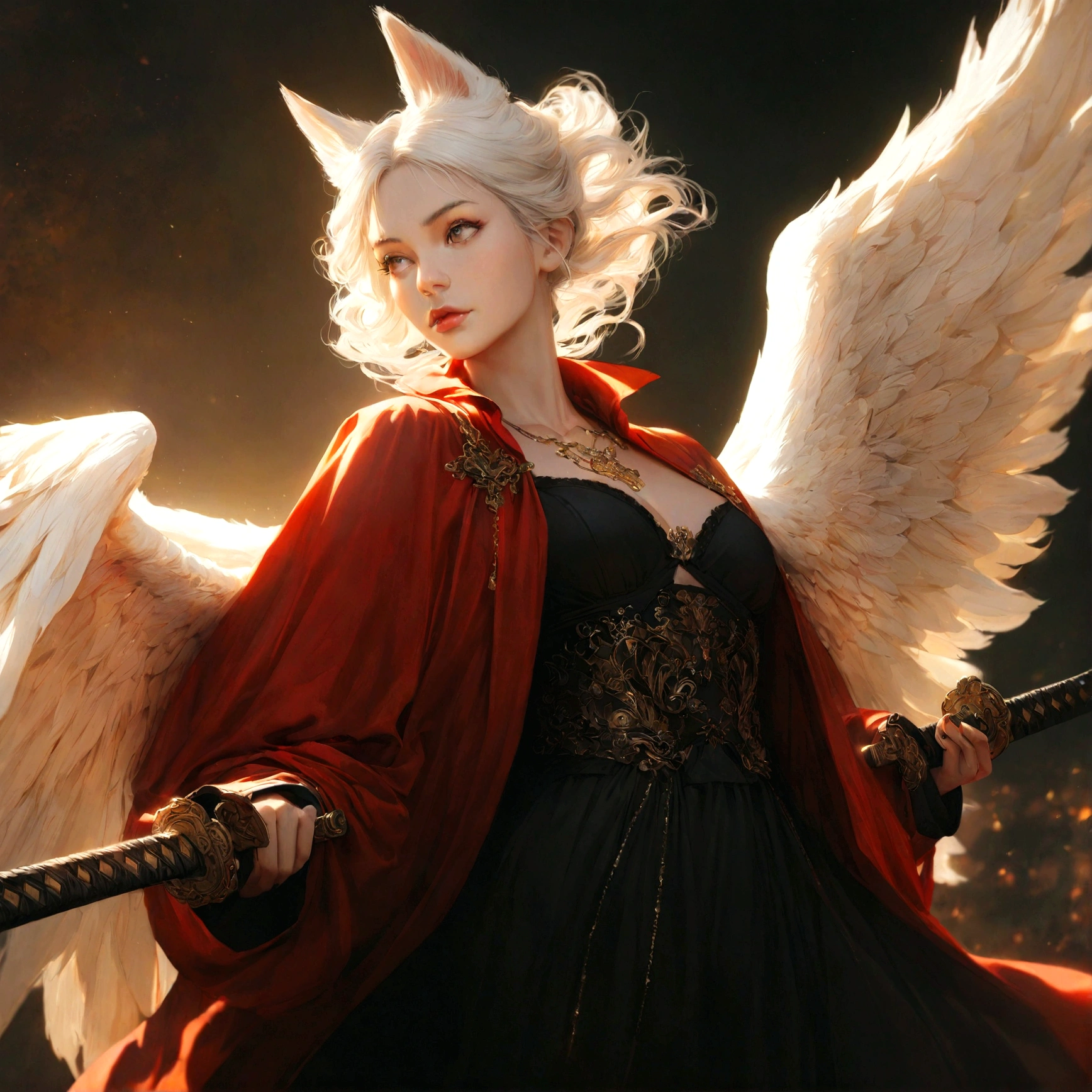 A beautiful detailed white-haired fox woman wearing a red trenchcoat, black bustier, and black skirt, with a katana on her back and angel wings, hyper-realistic, 8k, cinematic lighting, dramatic atmosphere, rich colors, intricate details, masterpiece