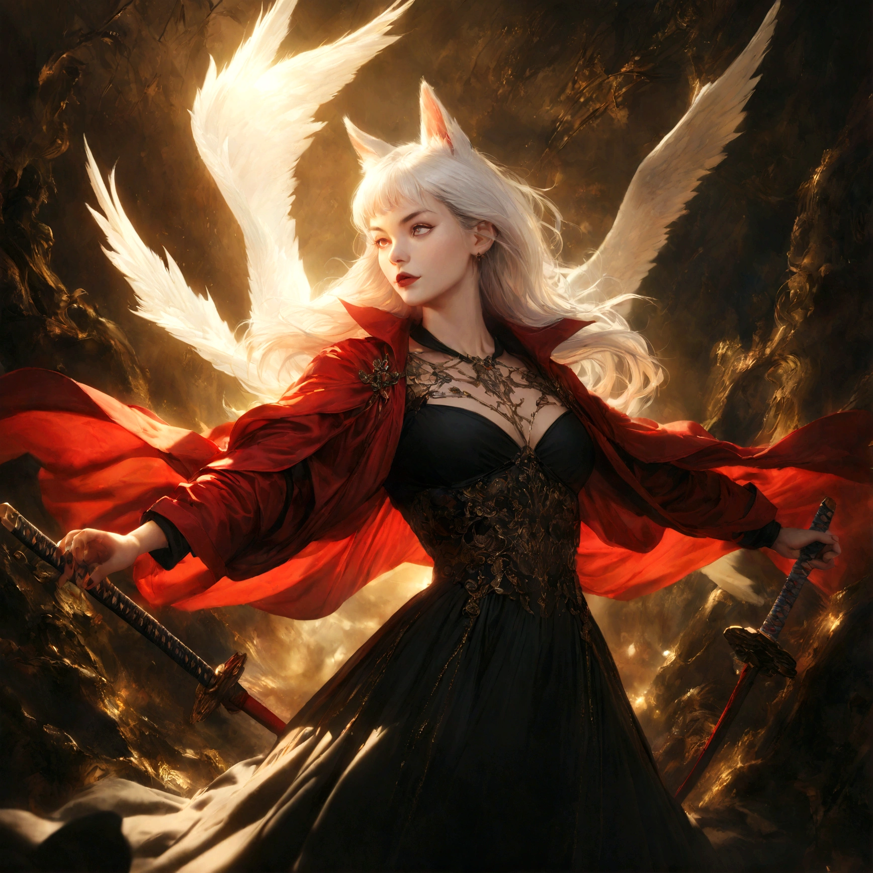 A beautiful detailed white-haired fox woman wearing a red trenchcoat, black bustier, and black skirt, with a katana on her back and angel wings, hyper-realistic, 8k, cinematic lighting, dramatic atmosphere, rich colors, intricate details, masterpiece