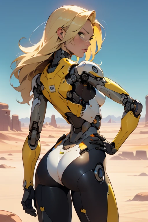 high quality, 4k, masterpiece, beautiful, cyborg girl, yellow design, cowboy shot, dull eyes, back side, turning around to look at viewer, long blonde hair, girl, small breasts, fit thigh, robotic arms, robotic body, cyborg body, yellow accent, redaccent, intricate detail, joint, detailed lines, robotic detail, 1fist on hip, color robotic parts, robotic parts with color, perfect fingers, on a desert planet, sunny background, colorful desert,