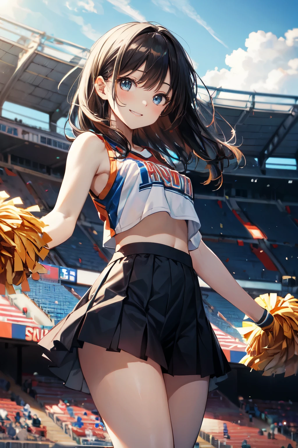 very cute and beautiful cheerleader girl,(highly detailed beautiful face and eyes),(holding pom poms:1.1),(smile),happy, (stadium stands),cowboy shot,dynamic pose,(sleeveless orange cheerleader shirt),beautiful legs, looking at viewer,black hair,hair band, (best quality,masterpiece),absurdres,highres,ultra-detailed,extremely detailed,32k,8k resolution, intricate details,cinematic scene,detailed background,solo,dynamic angle, hair fluttering in the wind,beautiful detailed sky,