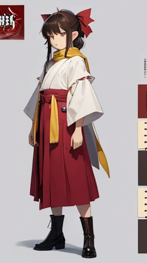 ((Artwork)),(((Best Quality))),(Character Design Sheet, Same Character, Front, Side, Back), (Highest Quality), (Artwork), 1080P, High Definition, 4k, 8K, Reimu Hakurei, Hakama, , Medium Chest, Short Brown Hair、 Yellow Scarf, Priestess Outfit, Long Black Boots, Ear Hair