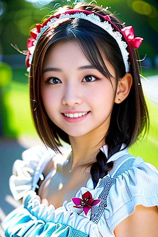 (Highest quality details:1.2), Realistic, 8K Ultra HD, High resolution, Fujifilm(Medium format), Hasselblad, Carl Zeiss, Incredible dynamic range photography(utility_art:Smoose-768:1.1), (One Girl:1.2), Super detailed, High quality textures, Intricate details, detailed, Very detailed CG, High Quality Shadows, detailed Beautiful and delicate face, detailed Beautiful and delicate eyes, Depth of written boundary, Ray Tracing, 18 years old, Cute Japanese Girl, Narrow Face, Glossy lips, Glowing Eyes, Glowing Eyes, Perfect body, View the viewer, (Jewelry Earrings), (Eye Color: Brown), (Bright red flower hair ornament), (Long white hair), (Layered Hairstyles), (Classic Gothic ta:1.5), Fashion Model Style, Small breasts. Cheerful mood