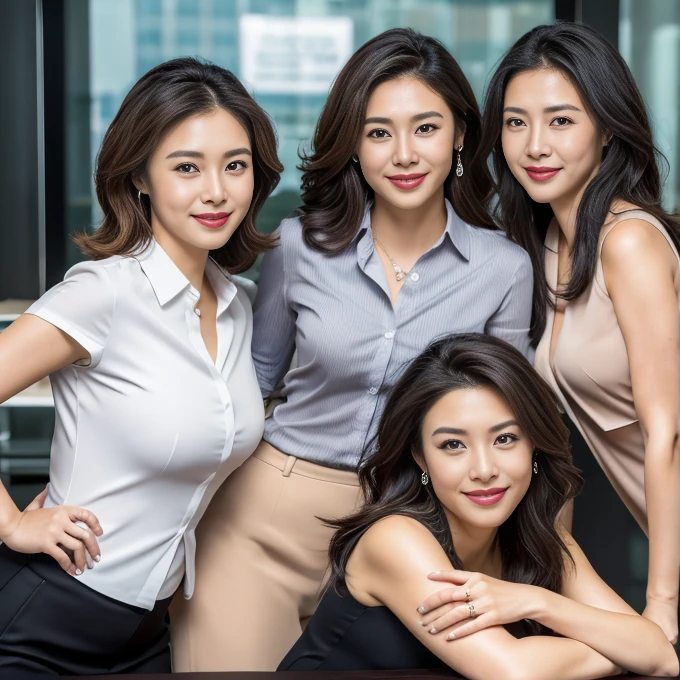 (Ultra HD Masterpiece, 8K, Detailed Exquisiteness, Ultra-High Resolution), Group Portrait, (Full Shot: 1.0), Attractive Business Milsoms, 5 Individuals, Subtly Curvy: 0.25, Seductive Expressions, White Collared Shirts, Grey Skirts, (Perched on Crossed Legs at CEO's Office Desks), Radiant Smiles, professional and alluring demeanor, Elegant Office Setting, (Group dynamic intensified by eye contact with the viewer), High Quality, Detailed Facial Features, Luscious Lips, Glossy Lipstick,